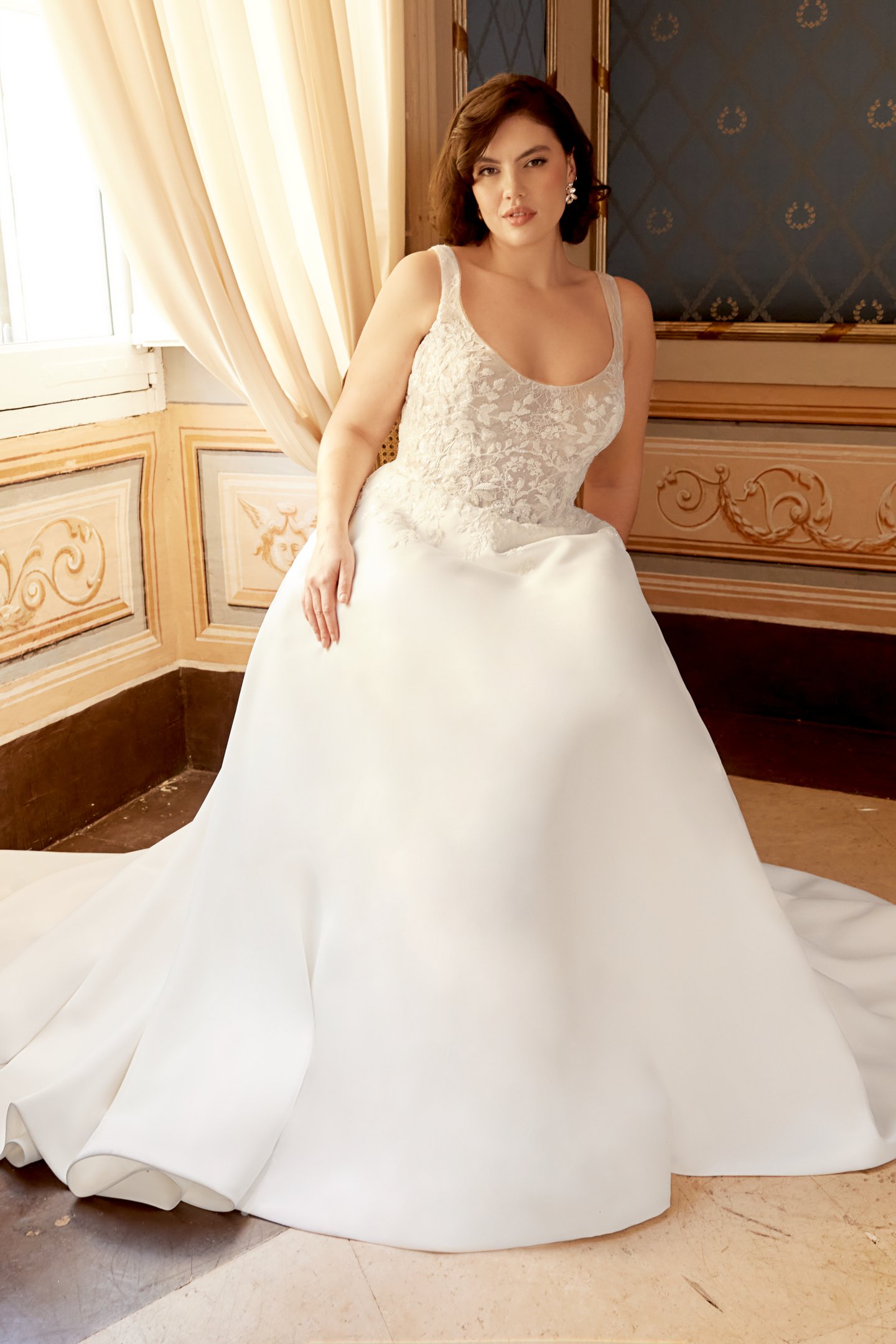 Sincerity Bridal Style 44517PS Satin A-Line Plus Size Dress with Lace and Sequin Tulle Bodice