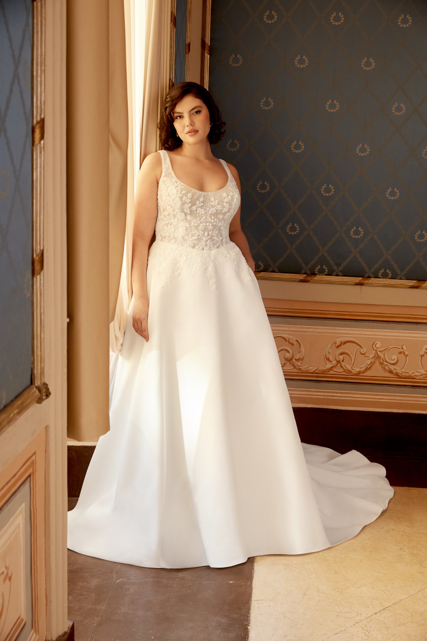 Sincerity Bridal Style 44517PS Satin A-Line Plus Size Dress with Lace and Sequin Tulle Bodice