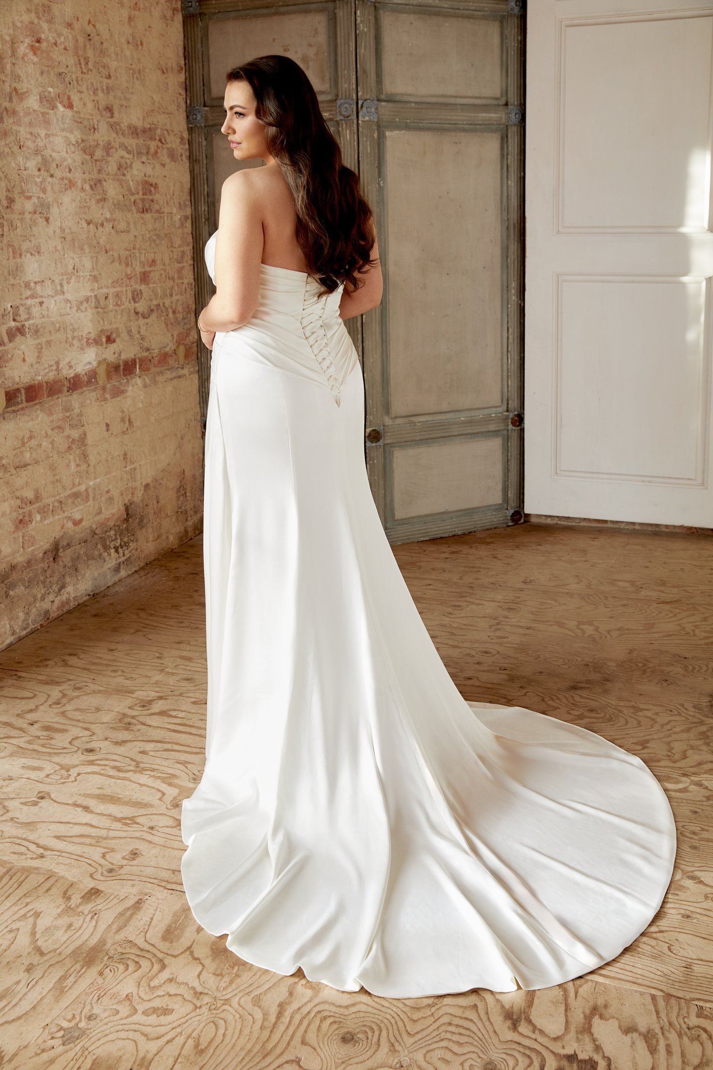 Sincerity Bridal Style 44518PS Pus Size Ruched Charmeuse Fit and Flare with Pointed Sweetheart Neckline