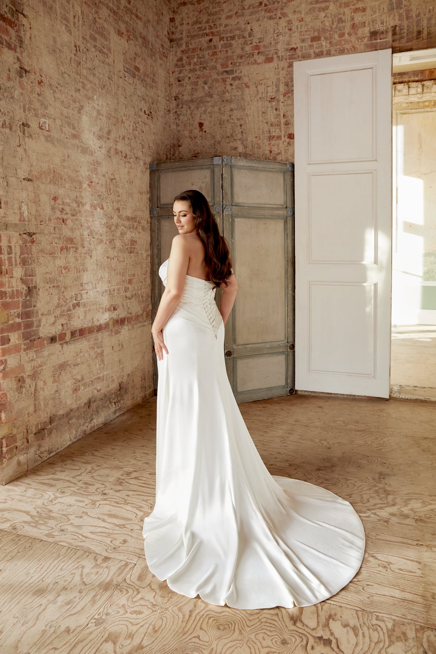 Sincerity Bridal Style 44518PS Pus Size Ruched Charmeuse Fit and Flare with Pointed Sweetheart Neckline