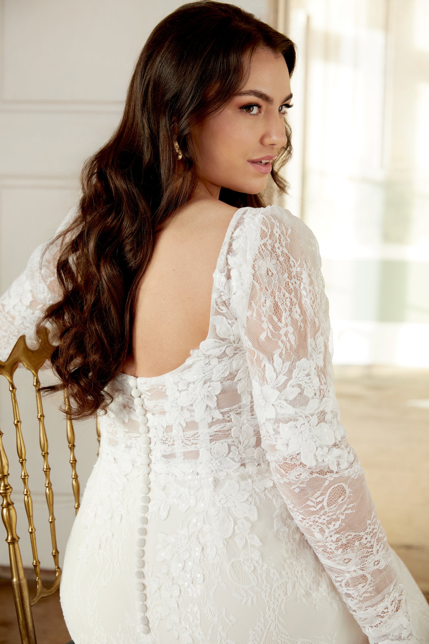 Sincerity Bridal Style 44524PS Plus Size Chantilly Lace Fit and Flare Gown with Long Puff Sleeves