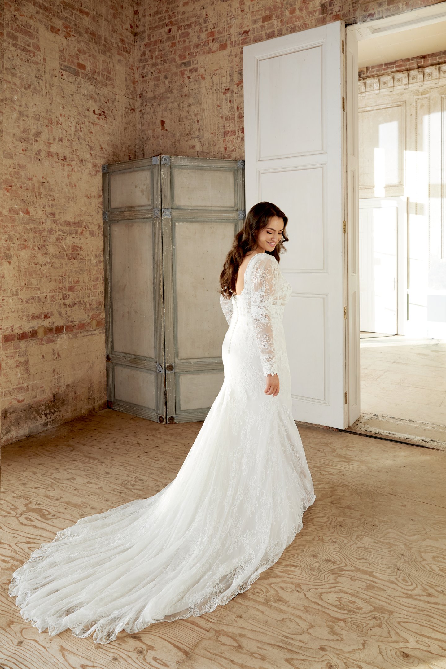 Sincerity Bridal Style 44524PS Plus Size Chantilly Lace Fit and Flare Gown with Long Puff Sleeves