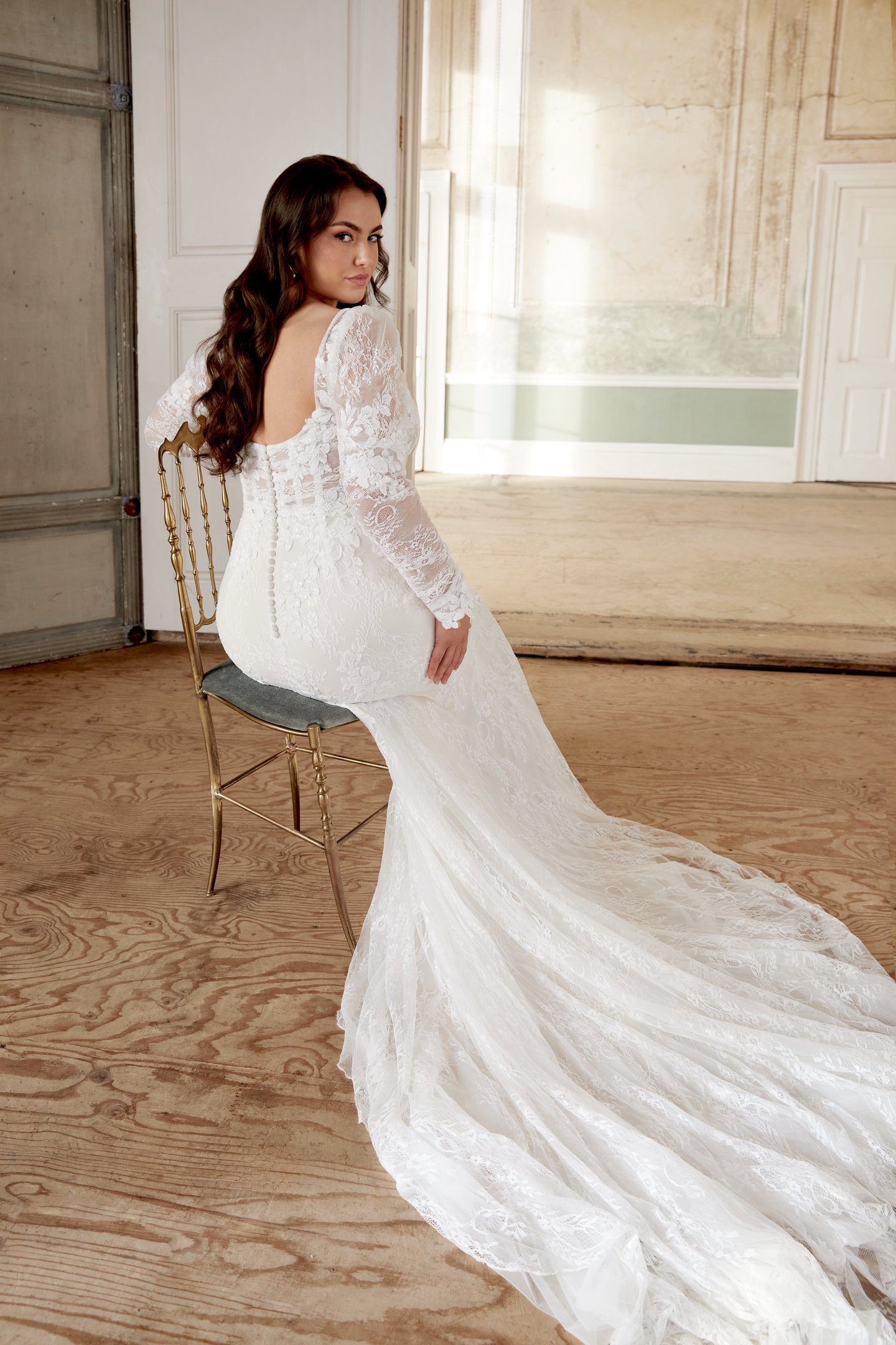 Sincerity Bridal Style 44524PS Plus Size Chantilly Lace Fit and Flare Gown with Long Puff Sleeves