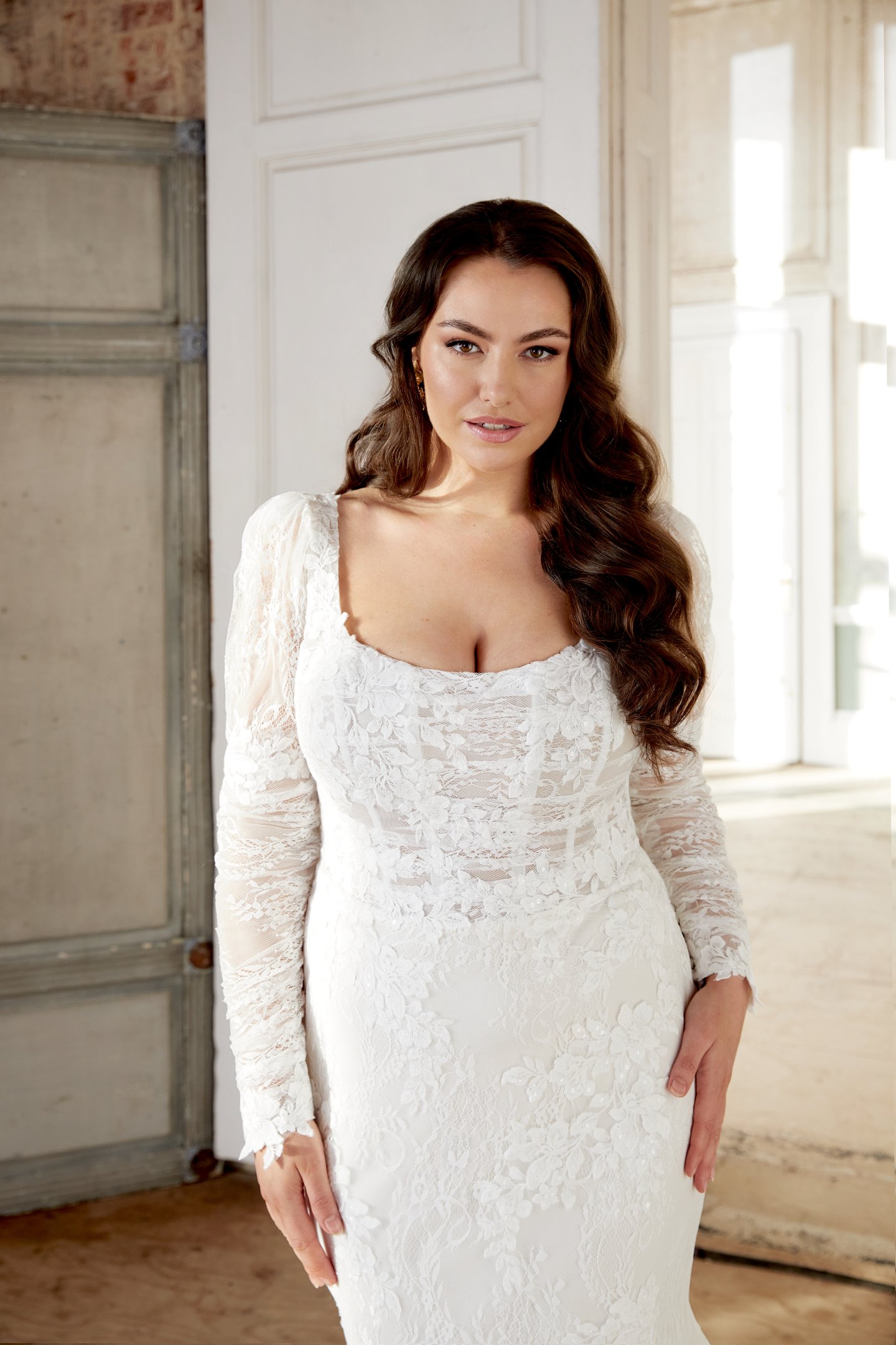 Sincerity Bridal Style 44524PS Plus Size Chantilly Lace Fit and Flare Gown with Long Puff Sleeves