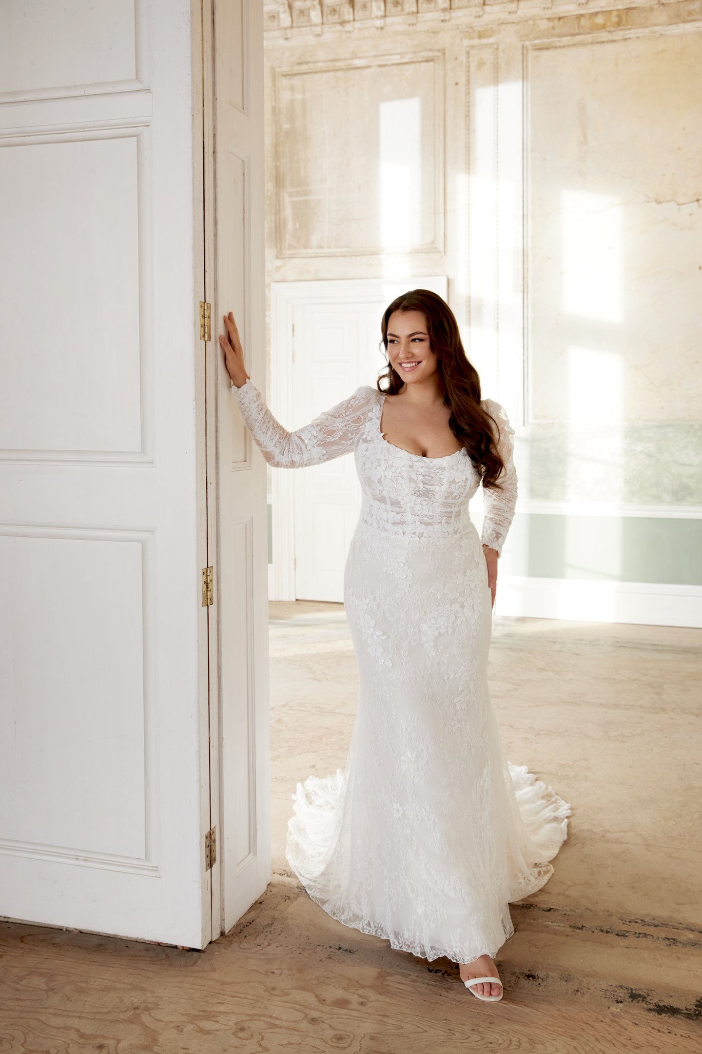 Sincerity Bridal Style 44524PS Plus Size Chantilly Lace Fit and Flare Gown with Long Puff Sleeves
