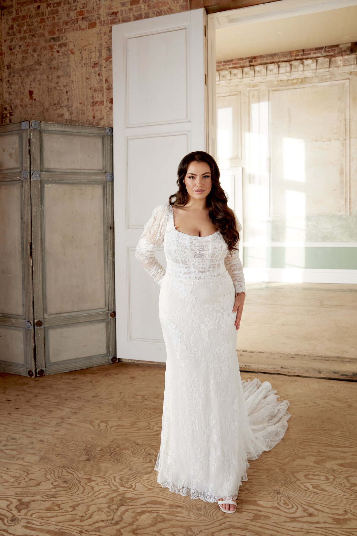 Sincerity Bridal Style 44524PS Plus Size Chantilly Lace Fit and Flare Gown with Long Puff Sleeves