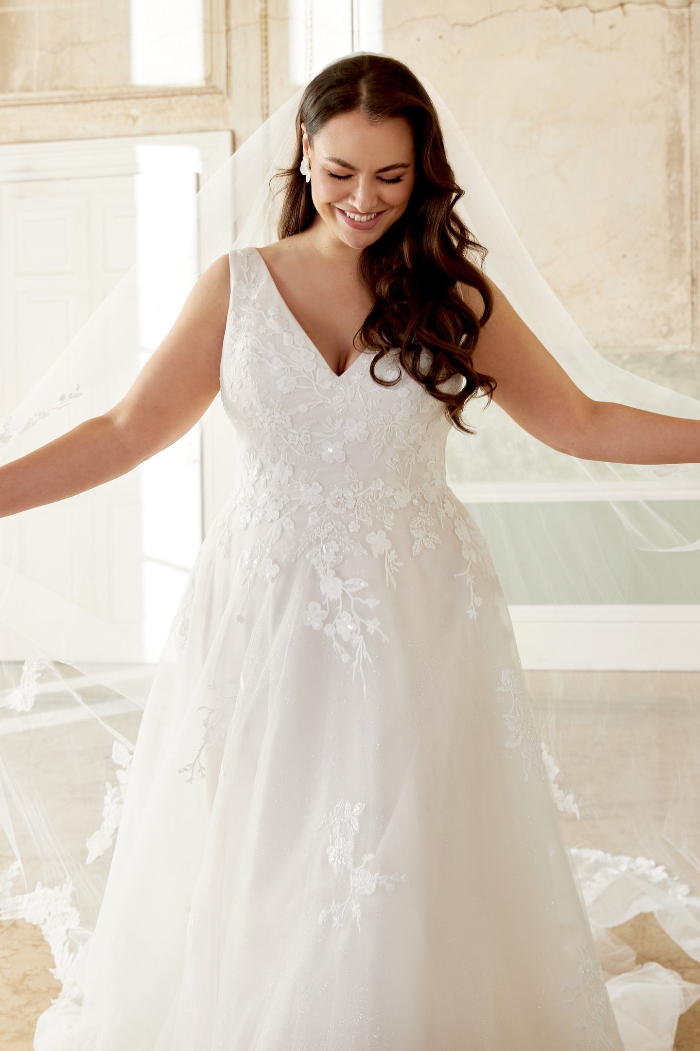 Sincerity Bridal Style 44525PS Plus Size Sparkle Tulle V Neck A Line with Sequined Lace Appliqués