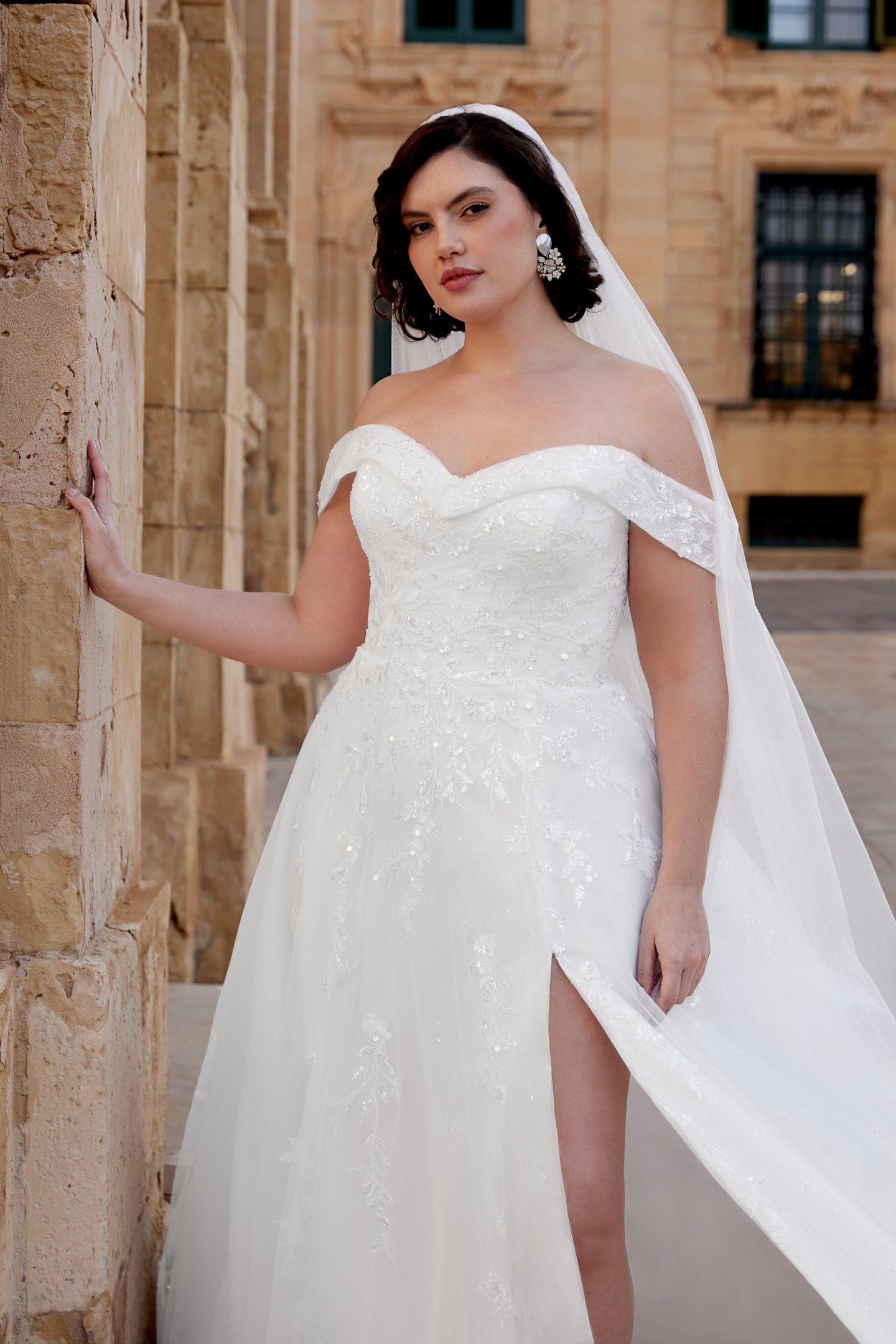 Sincerity Bridal Style 44526PS Galaxy Tulle A-Line Plus Size Wedding Dress with Detachable Off-the-Shoulder Cuff