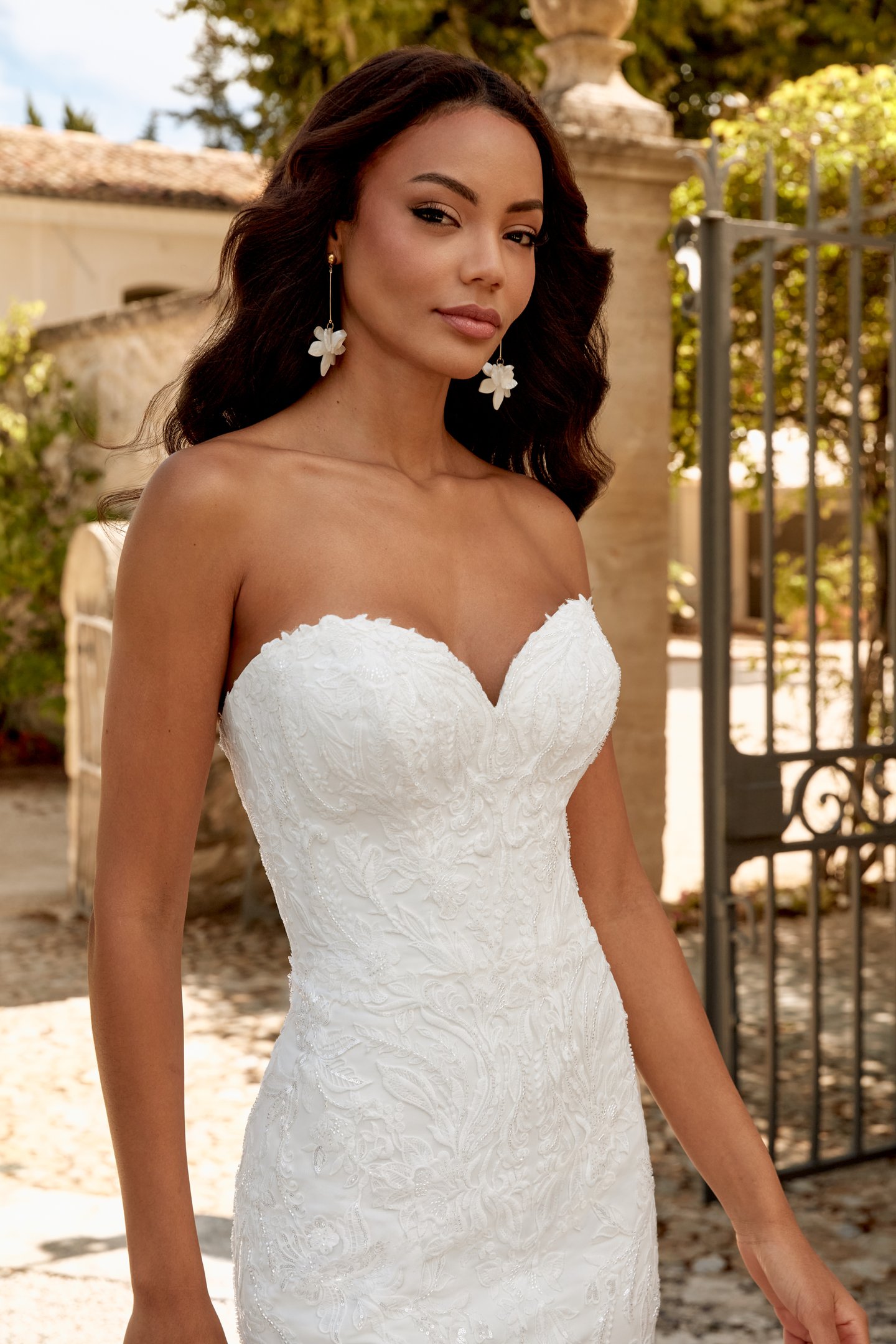 Sincerity Bridal Style 44571 Crepe Fit and Flare Gown with Shimmering Lace Accents