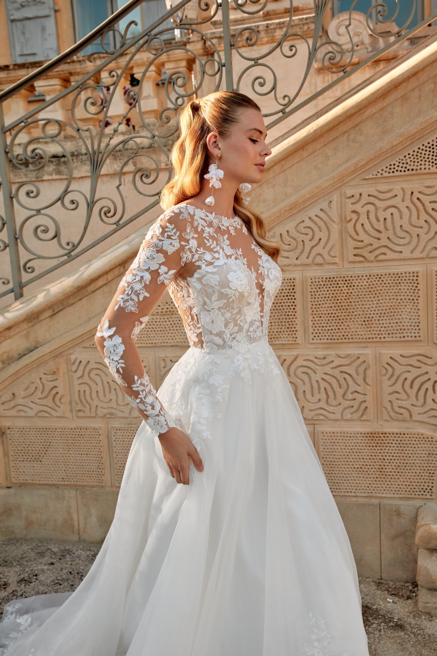 long sleeve lace applique dress 44572: Long Sleeve Organza Ball Gown with Sparkling Lace Appliqué