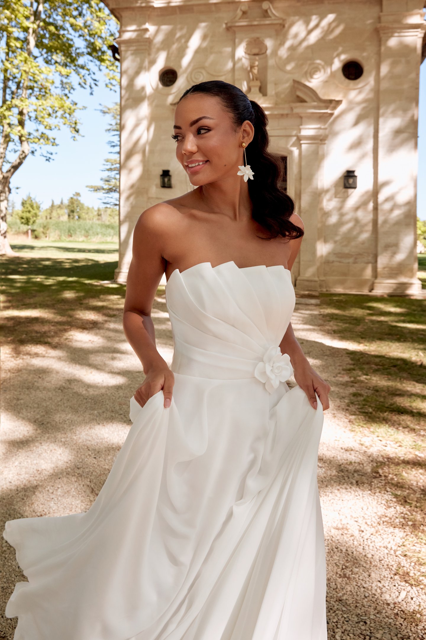 Sincerity Bridal Style 44577 A-Line Chiffon Gown with Pleated Mikado Bodice and Waistline Floral