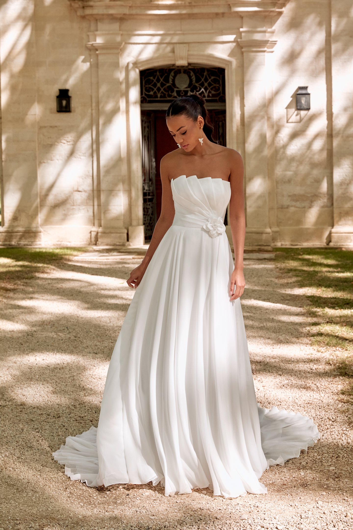 Sincerity Bridal Style 44577 A-Line Chiffon Gown with Pleated Mikado Bodice and Waistline Floral