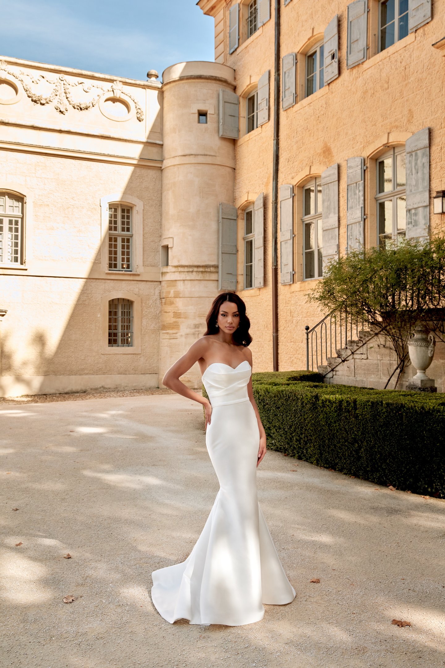 Sincerity Bridal Style 44578 Strapless Mikado Fit and Flare Gown with Draped Bodice