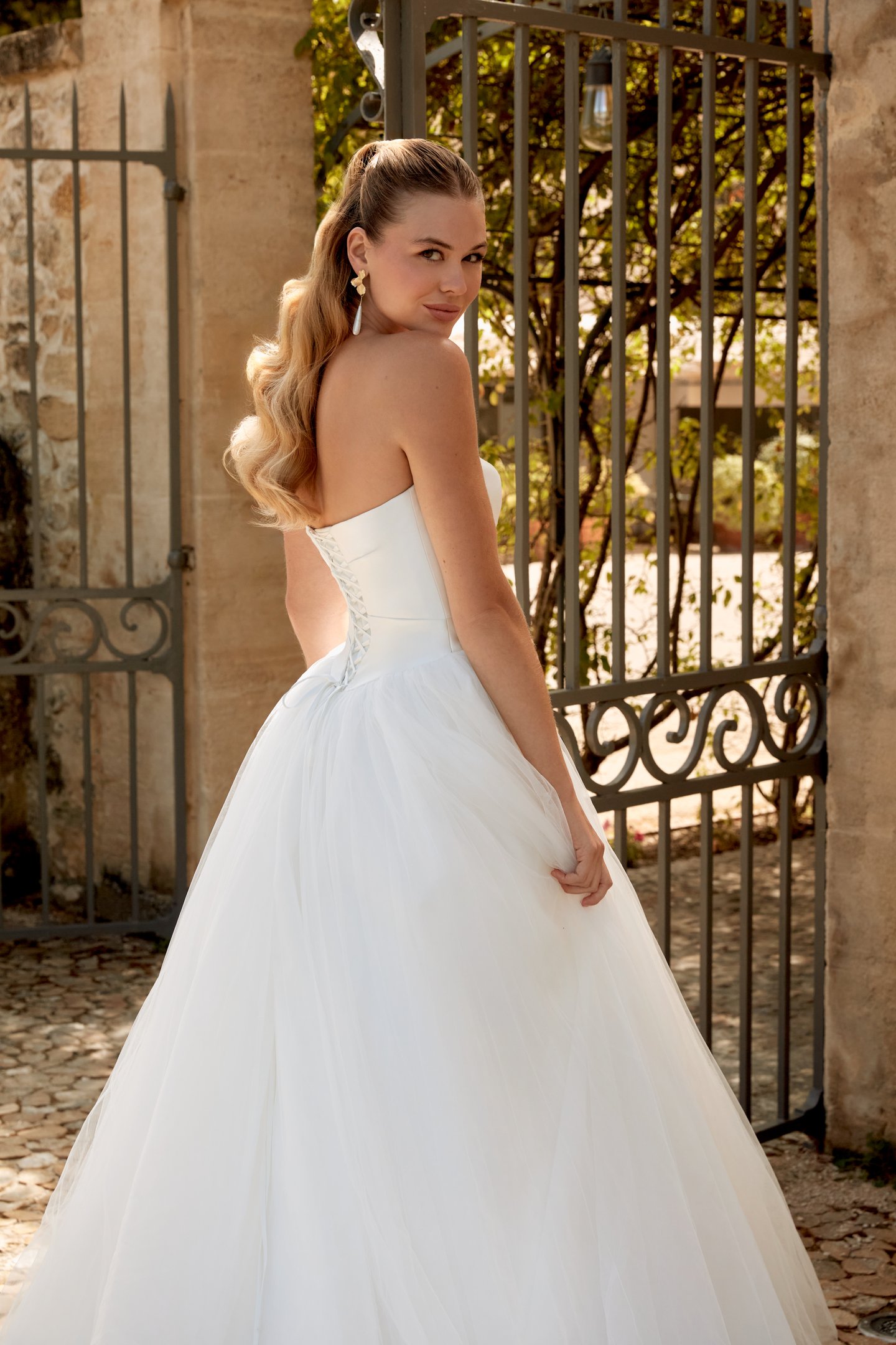 Sincerity Bridal Style 44579 Strapless Tulle Ball Gown with Draped Satin Basque Waist Bodice