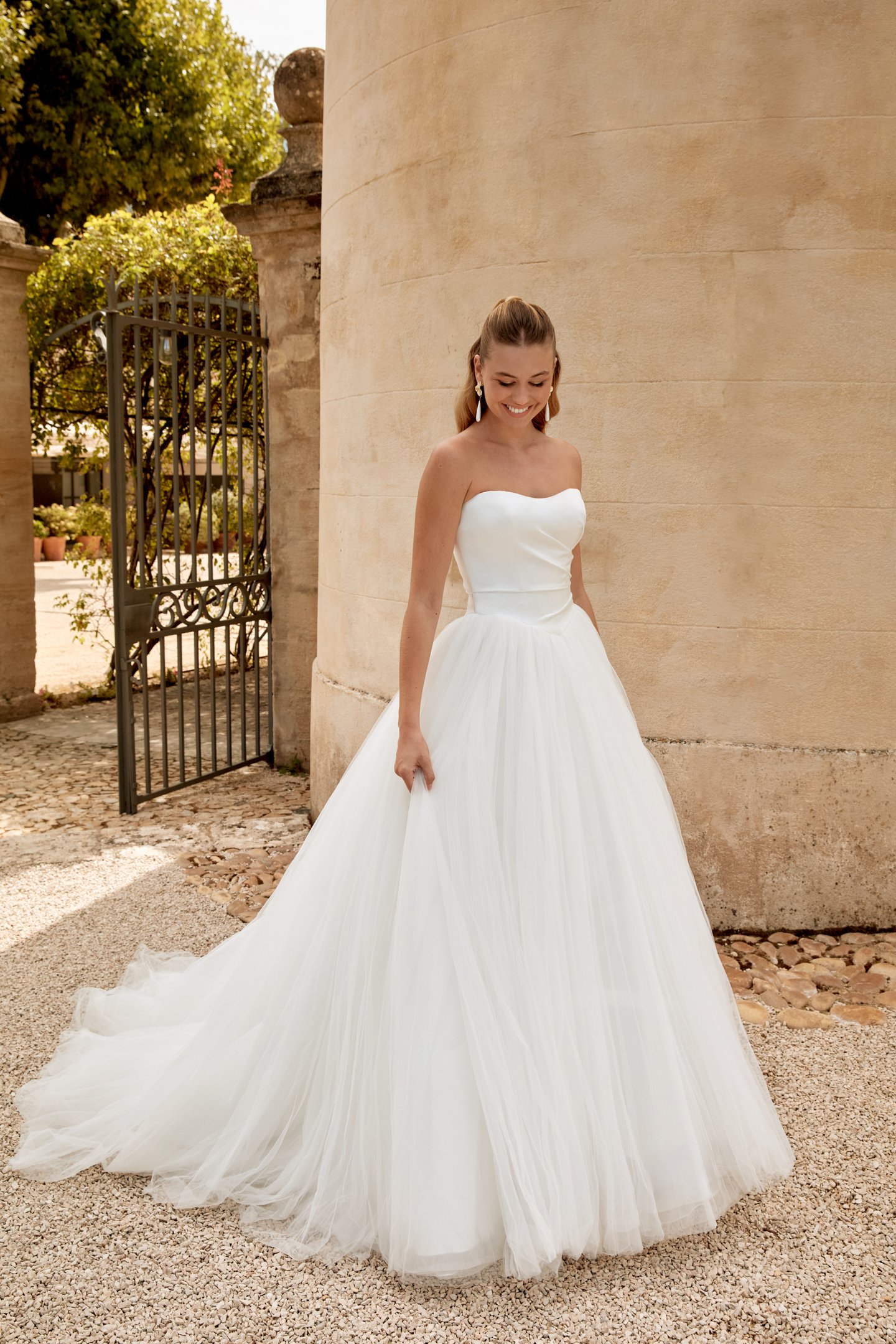 Sincerity Bridal Style 44579 Strapless Tulle Ball Gown with Draped Satin Basque Waist Bodice