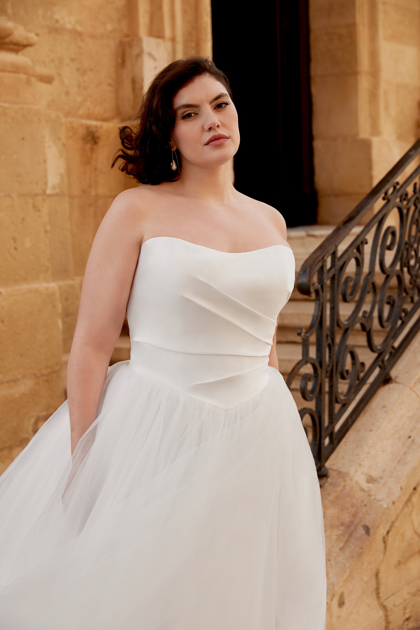 Sincerity Bridal Style 44579PS Strapless Tulle Plus Size Ball Gown with Draped Satin Basque Waist Bodice