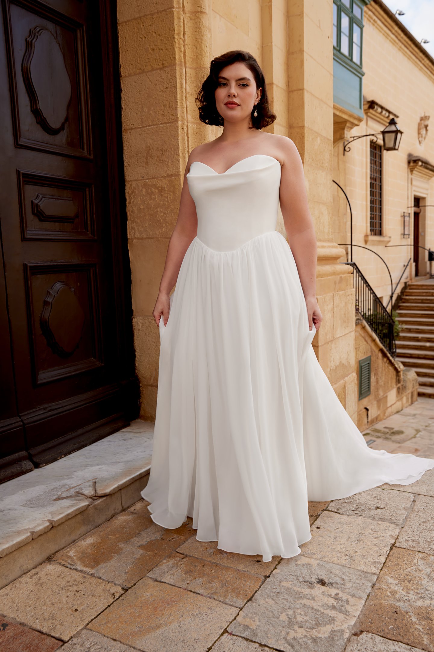 stretch chiffon wedding dress 44580PS: Chiffon Plus Size A-Line Gown with Strapless Stretch Crepe Bodice
