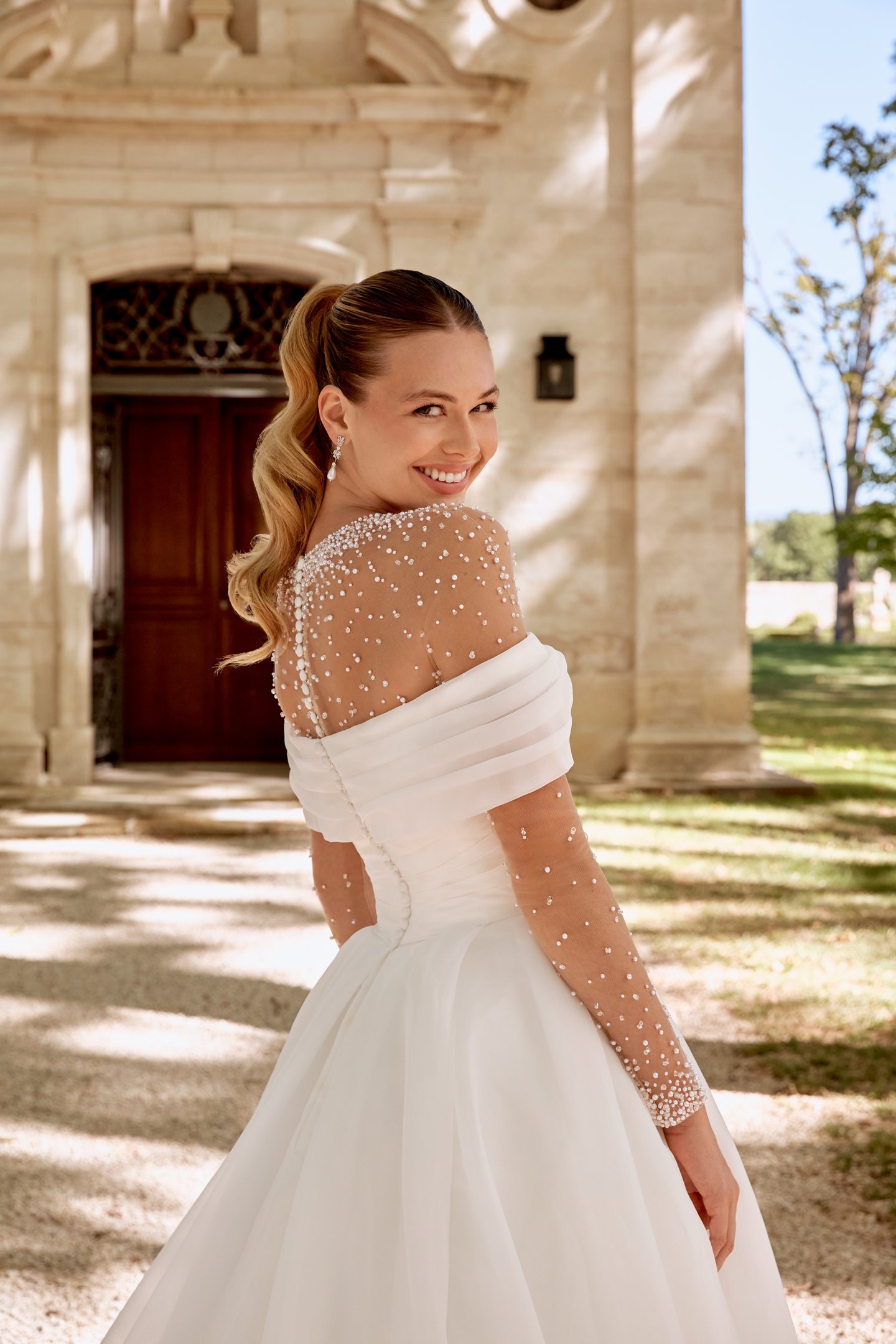 Sincerity Bridal Style 44581 Organza Ball Gown with Draped Off-The-Shoulder Neckline