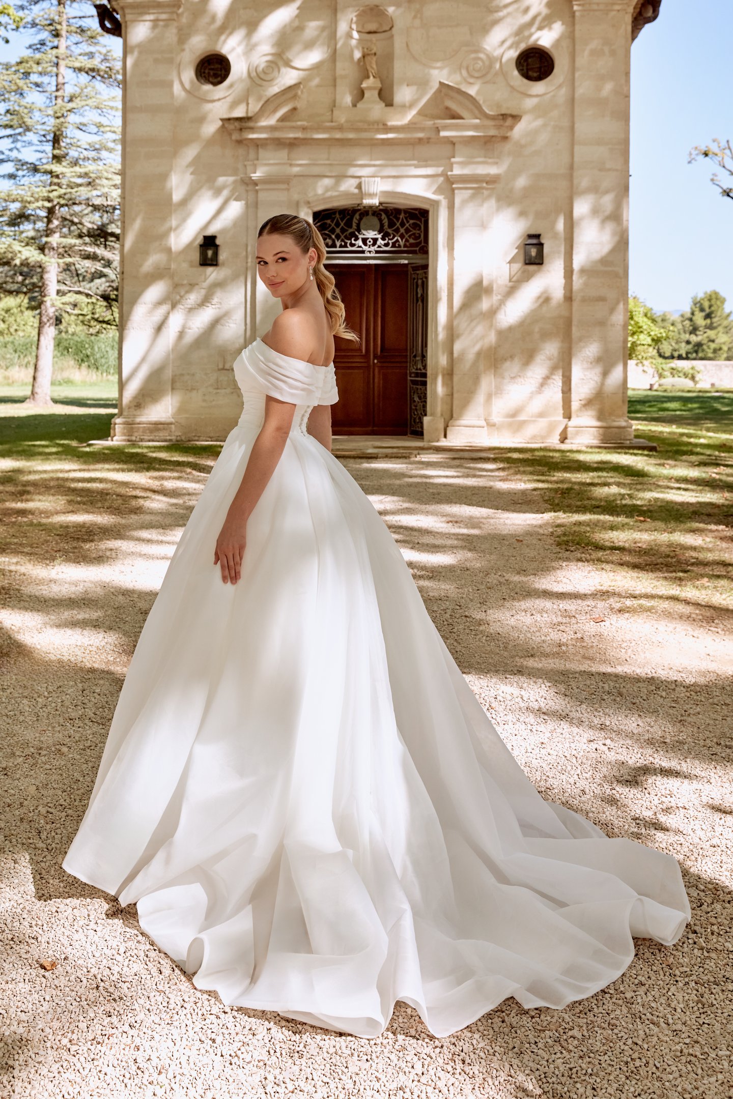 Sincerity Bridal Style 44581 Organza Ball Gown with Draped Off-The-Shoulder Neckline