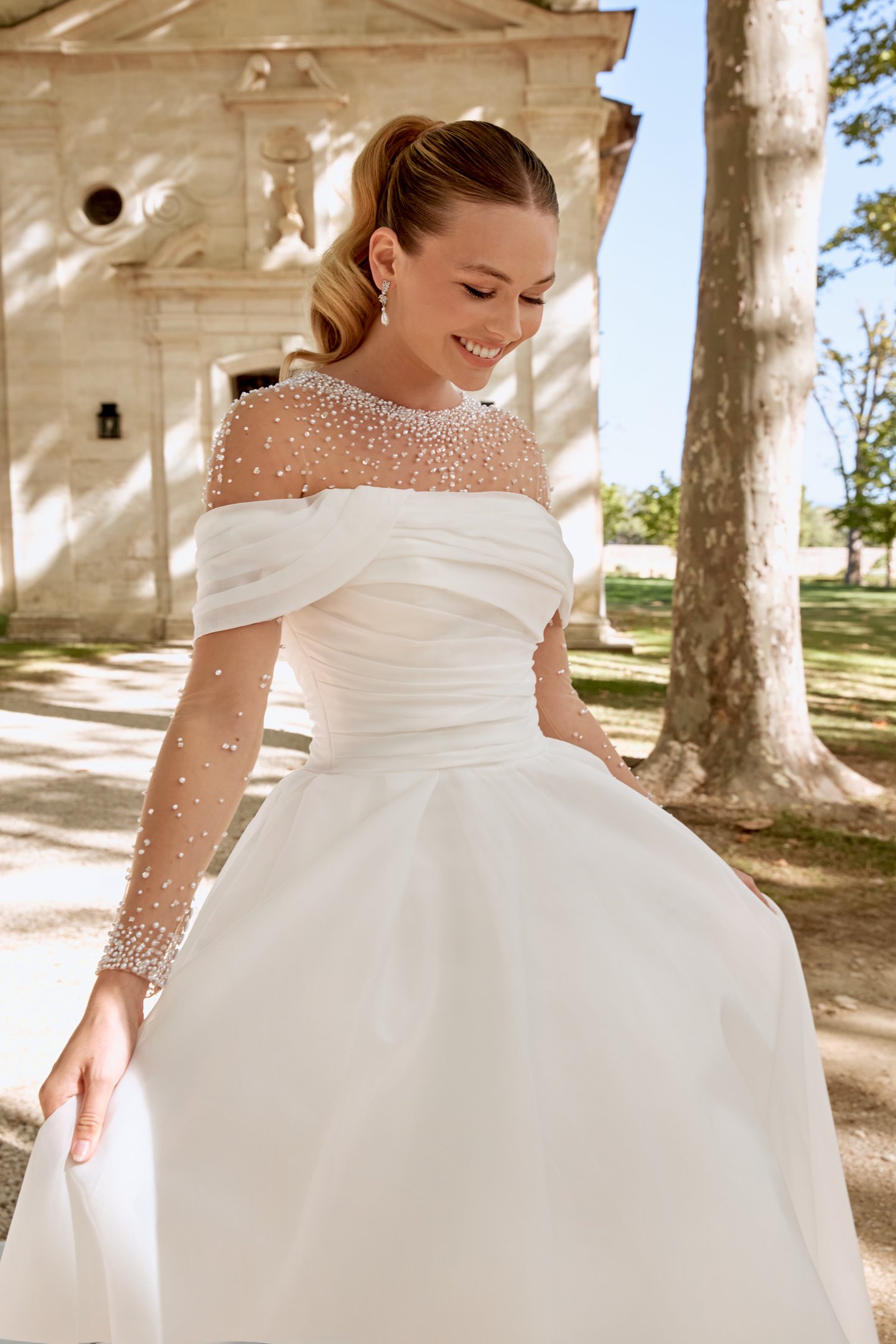 Sincerity Bridal Style 44581 Organza Ball Gown with Draped Off-The-Shoulder Neckline