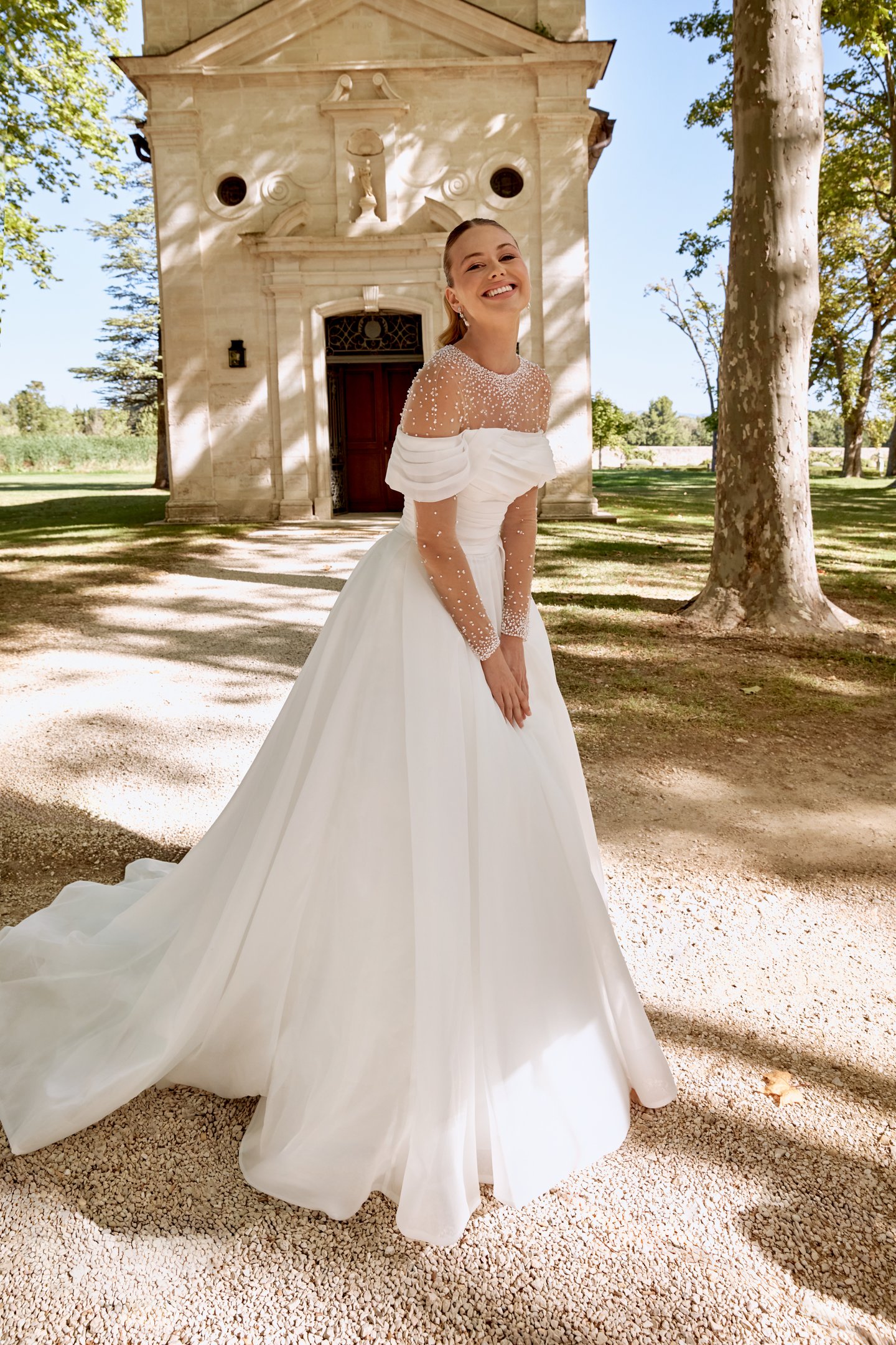Sincerity Bridal Style 44581 Organza Ball Gown with Draped Off-The-Shoulder Neckline