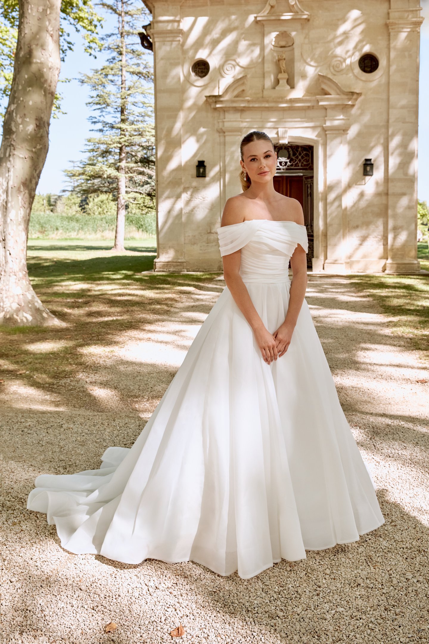 Sincerity Bridal Style 44581 Organza Ball Gown with Draped Off-The-Shoulder Neckline