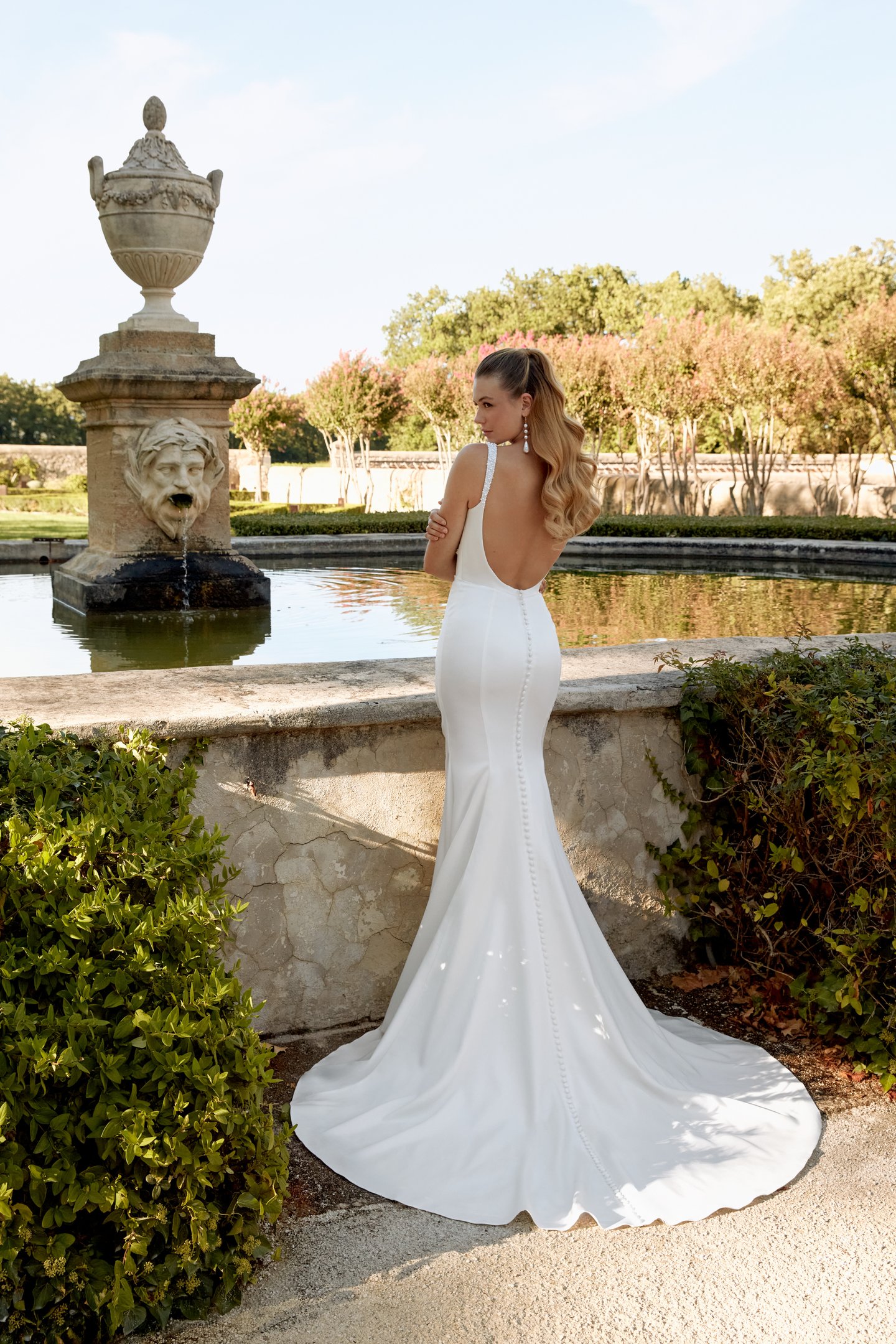 Sincerity Bridal Style 44584 Draped Silky Crepe Fit and Flare with Beaded Straps and Cowl Back