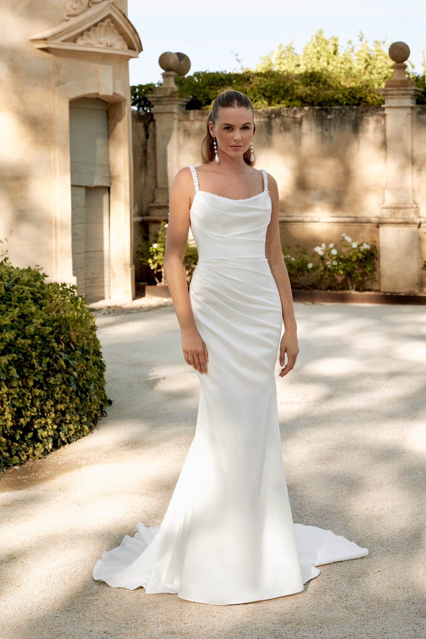 Sincerity Bridal Style 44584 Draped Silky Crepe Fit and Flare with Beaded Straps and Cowl Back