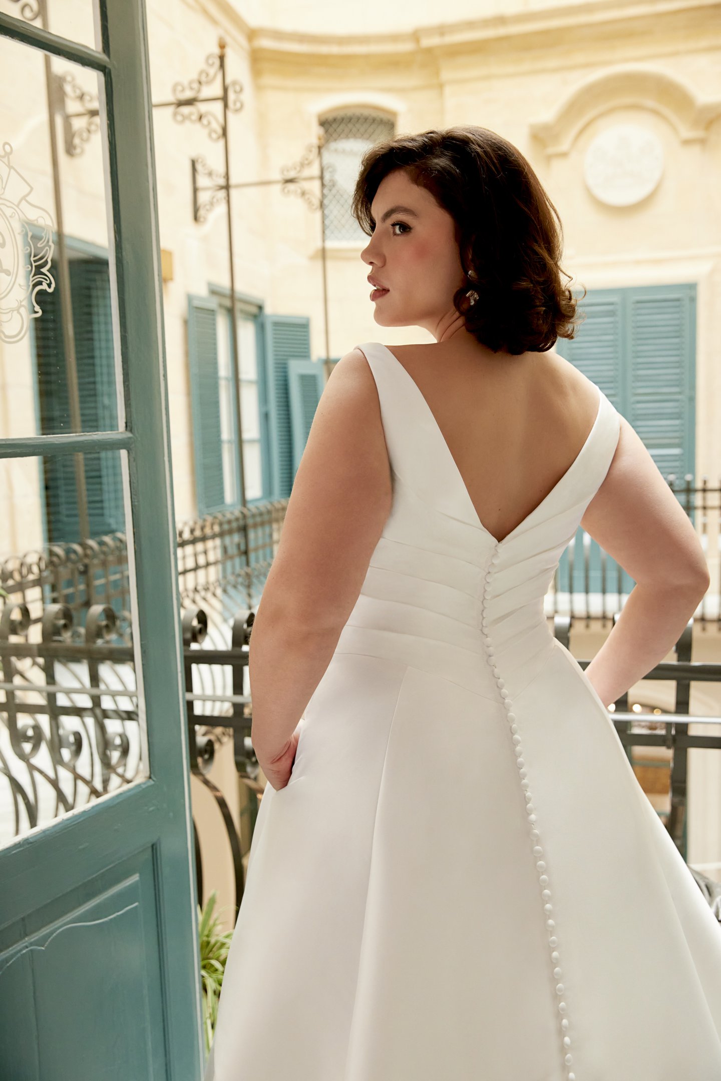 Sincerity Bridal Style 44585PS V-Neck Mikado Plus Size Ball Gown with Pleated Basque Waist