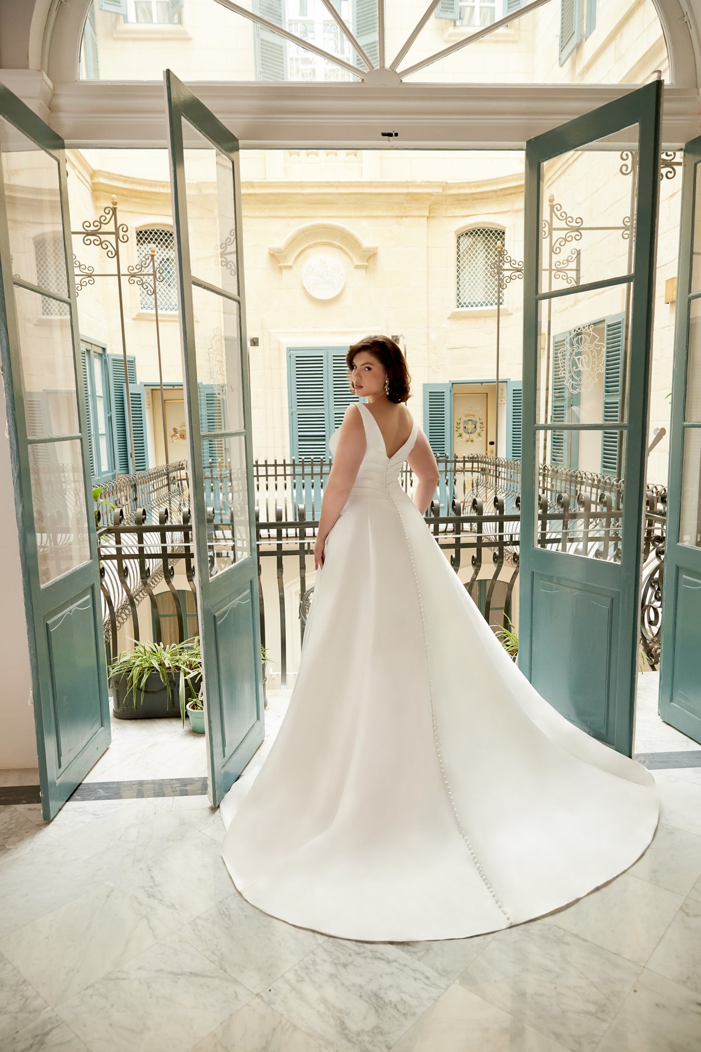 Sincerity Bridal Style 44585PS V-Neck Mikado Plus Size Ball Gown with Pleated Basque Waist