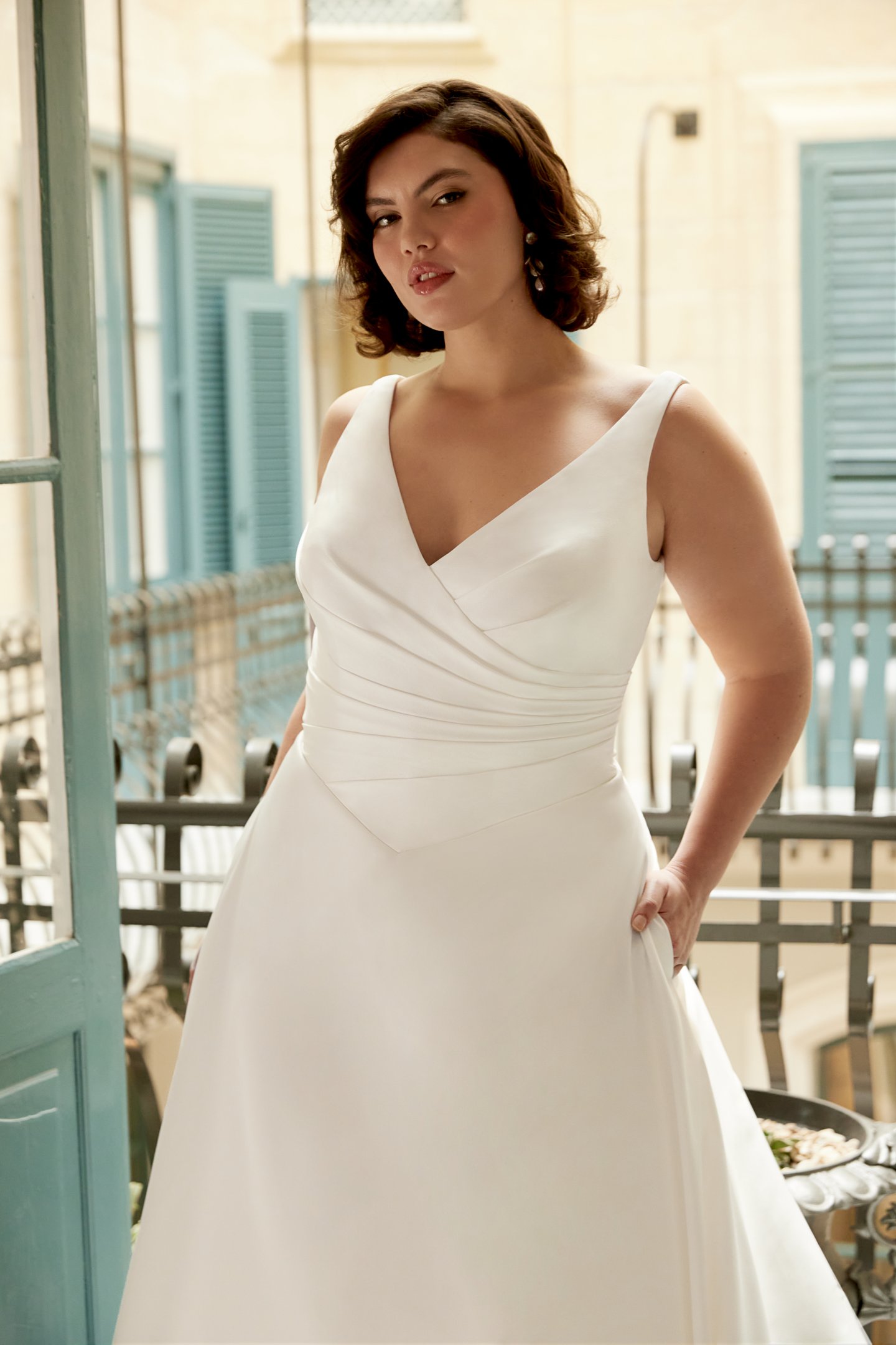 Sincerity Bridal Style 44585PS V-Neck Mikado Plus Size Ball Gown with Pleated Basque Waist
