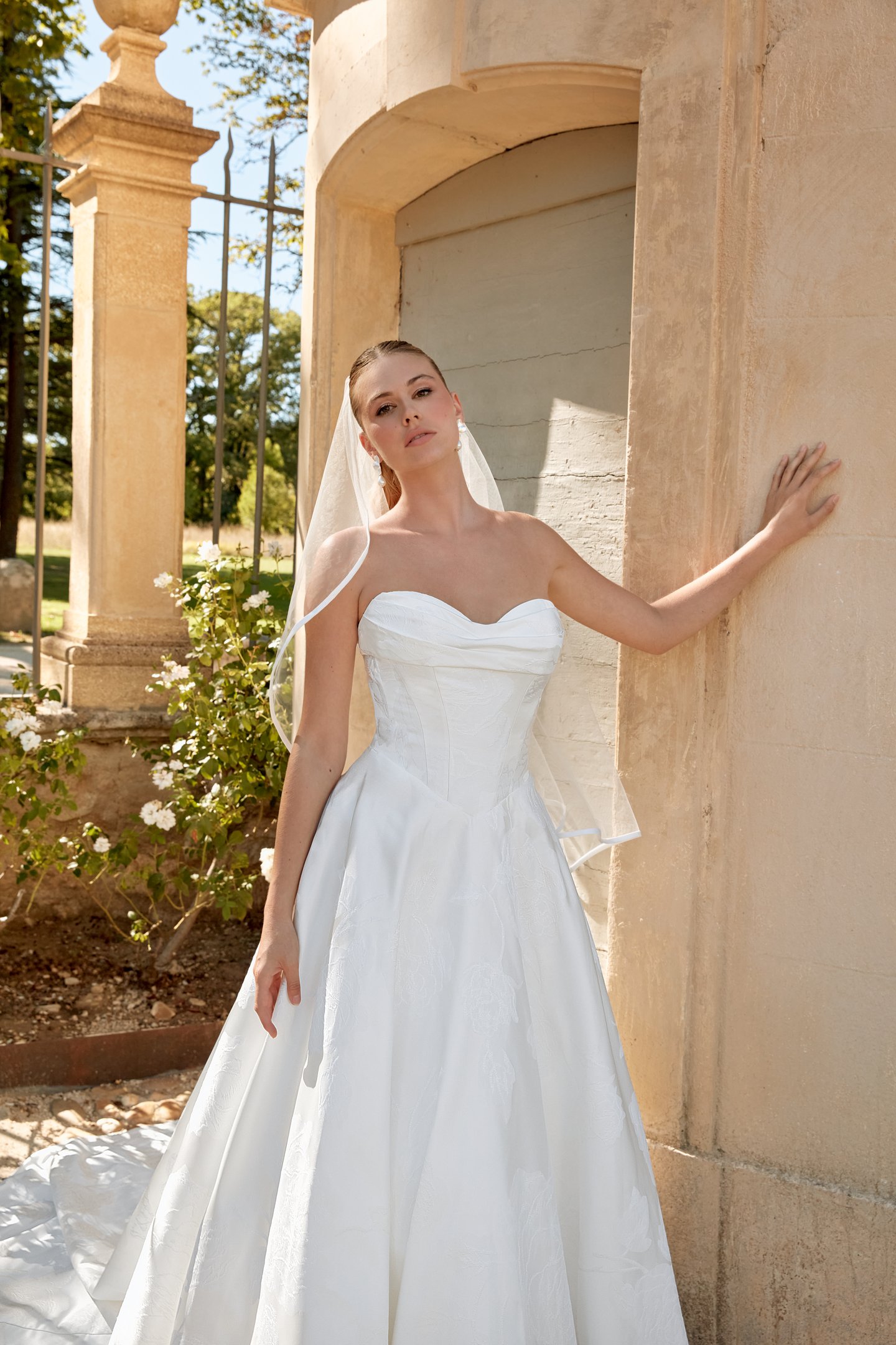 Sincerity Bridal Style 44588 Brocade Strapless Basque Waist Ball Gown with Draped Front Neckline
