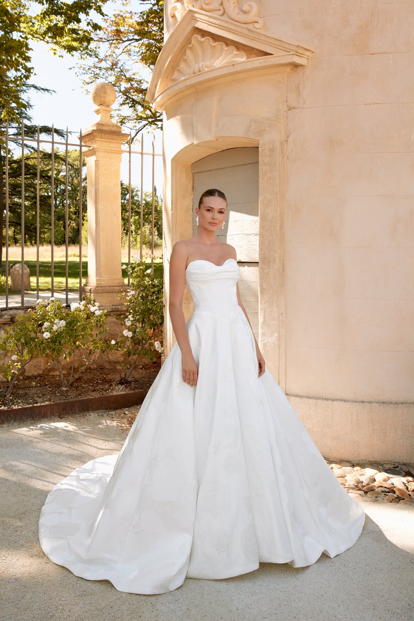 Sincerity Bridal Style 44588 Brocade Strapless Basque Waist Ball Gown with Draped Front Neckline