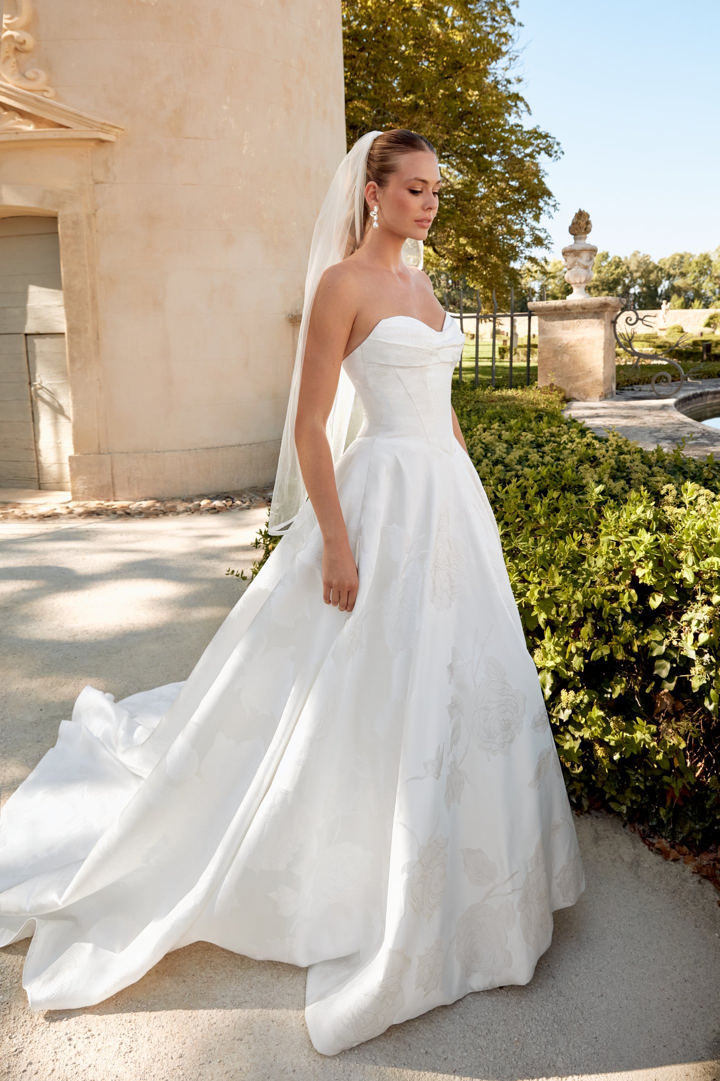 Sincerity Bridal Style 44588 Brocade Strapless Basque Waist Ball Gown with Draped Front Neckline