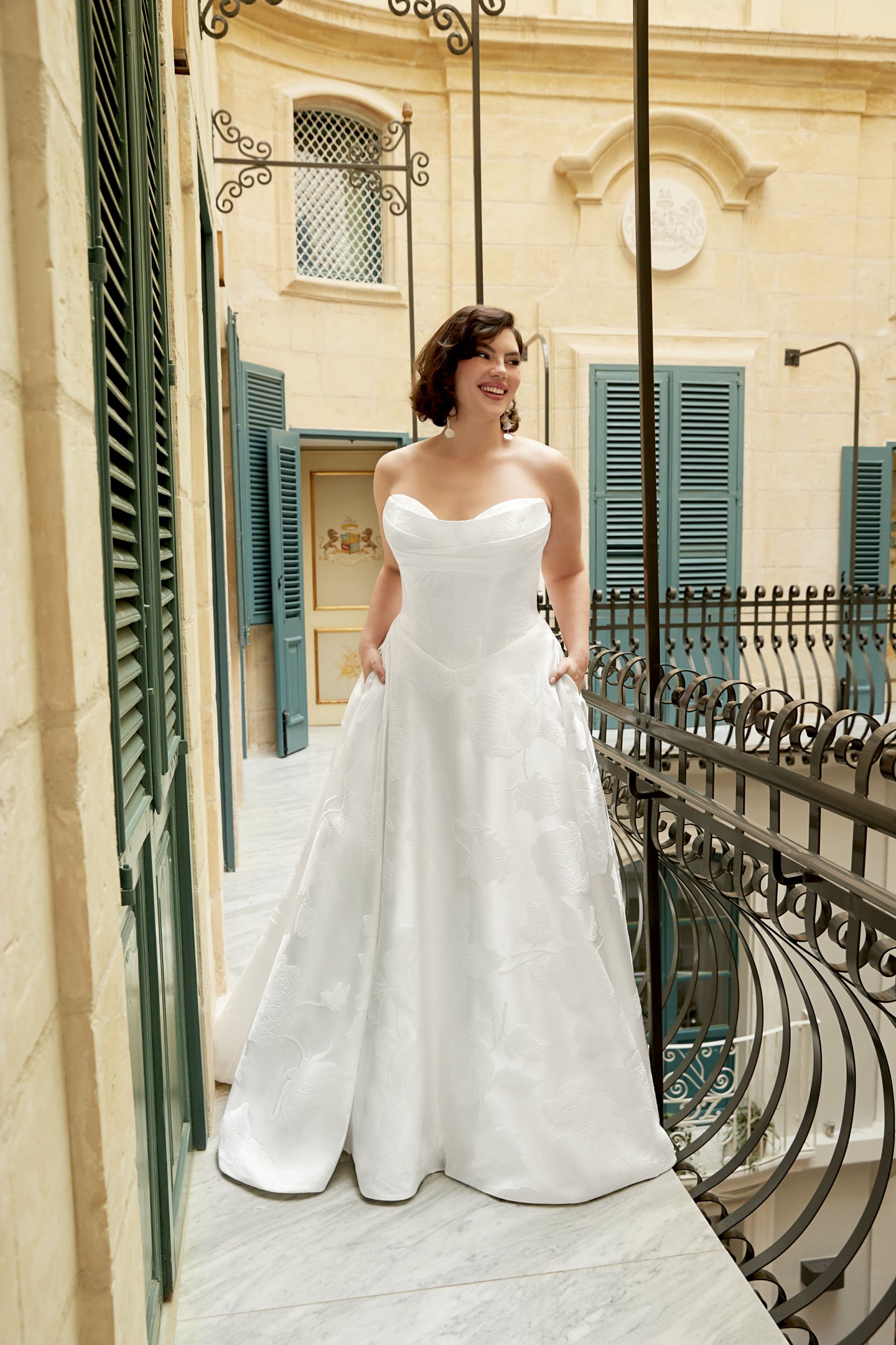Sincerity Bridal Style 44588PS Plus Size Brocade Strapless Basque Waist Ball Gown with Draped Front Neckline