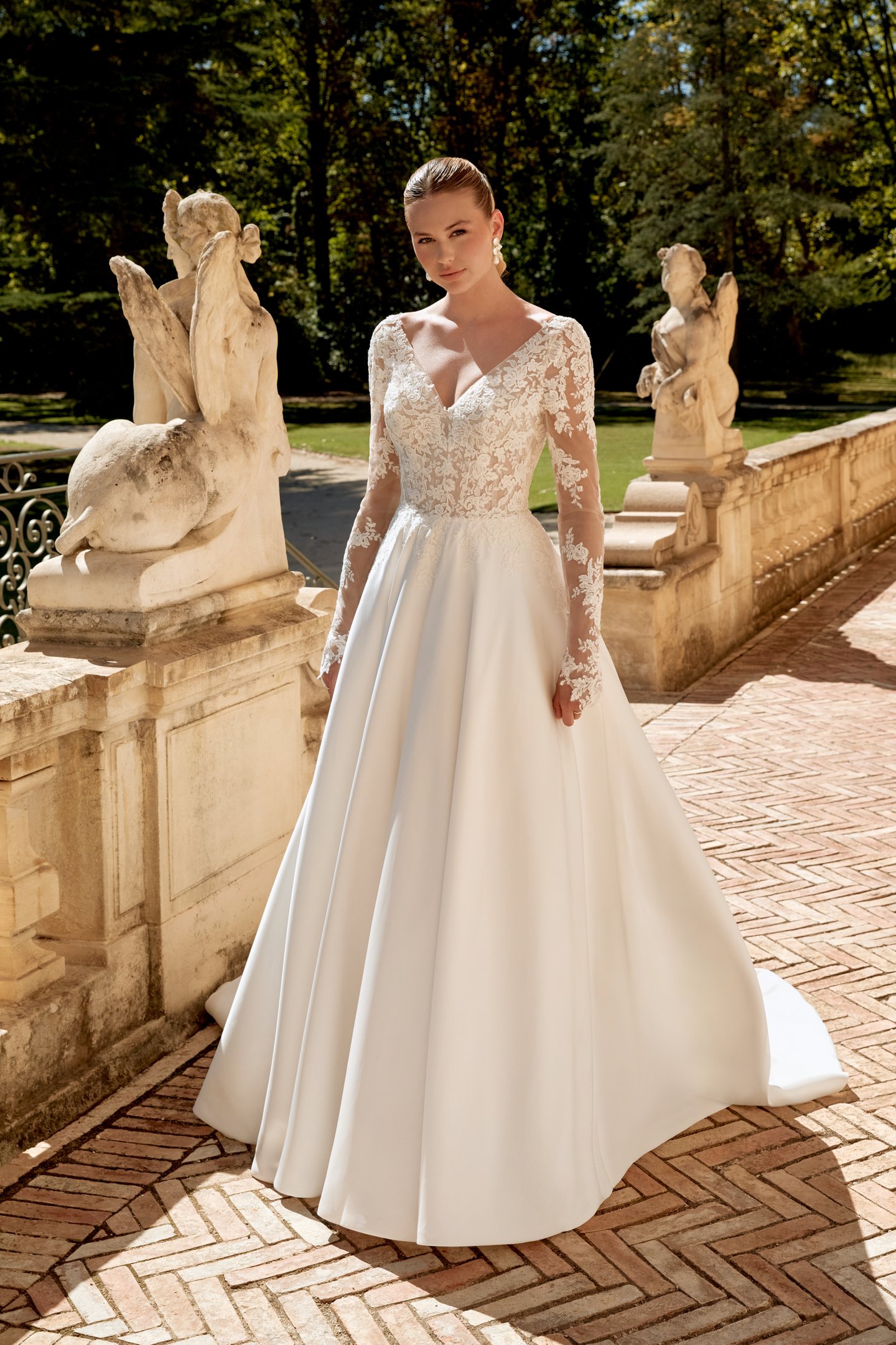 Sincerity Bridal Style 44589 V-Neck Mikado Ball Gown with Matte Lace Bodice