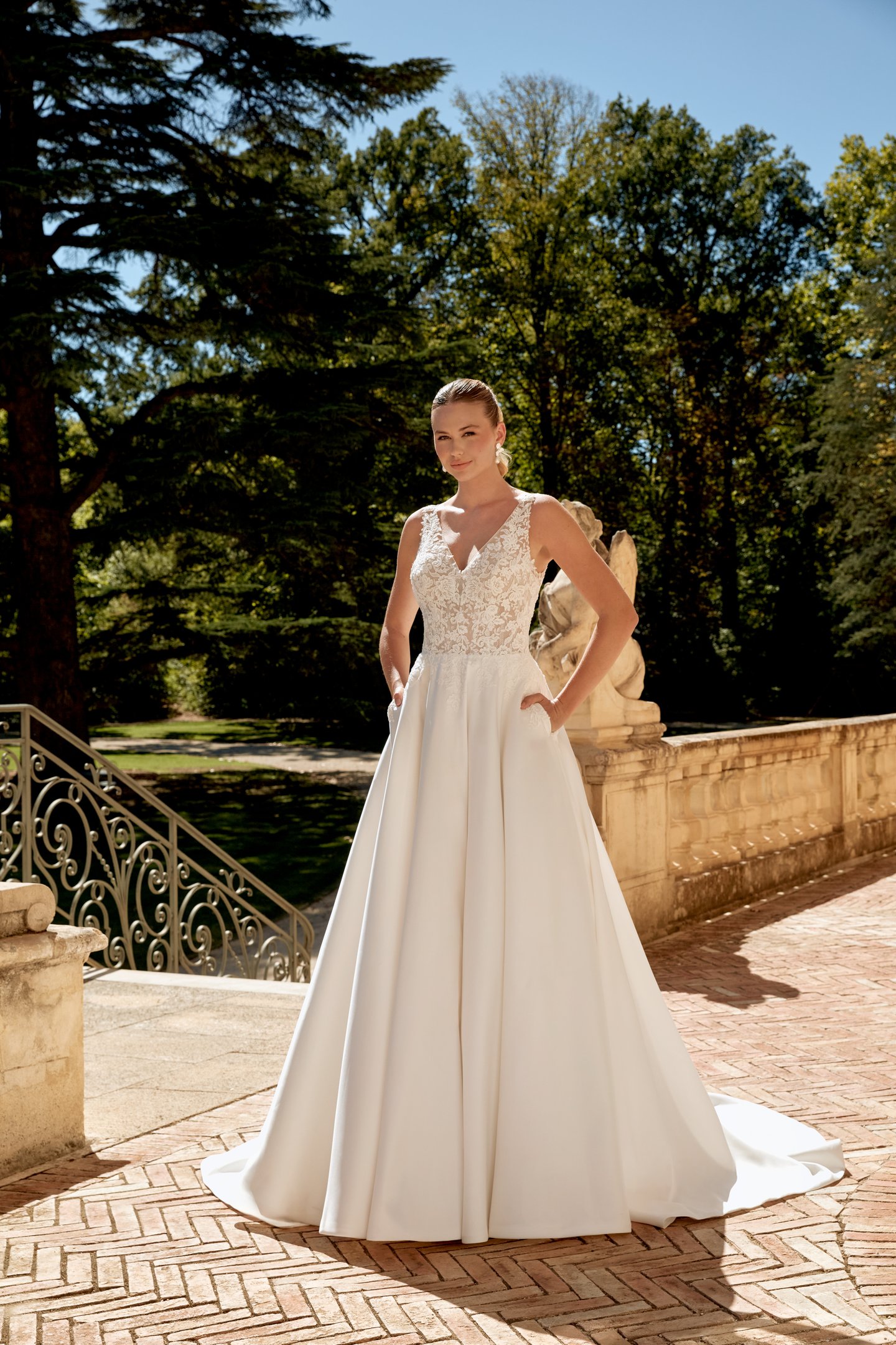 Sincerity Bridal Style 44589 V-Neck Mikado Ball Gown with Matte Lace Bodice