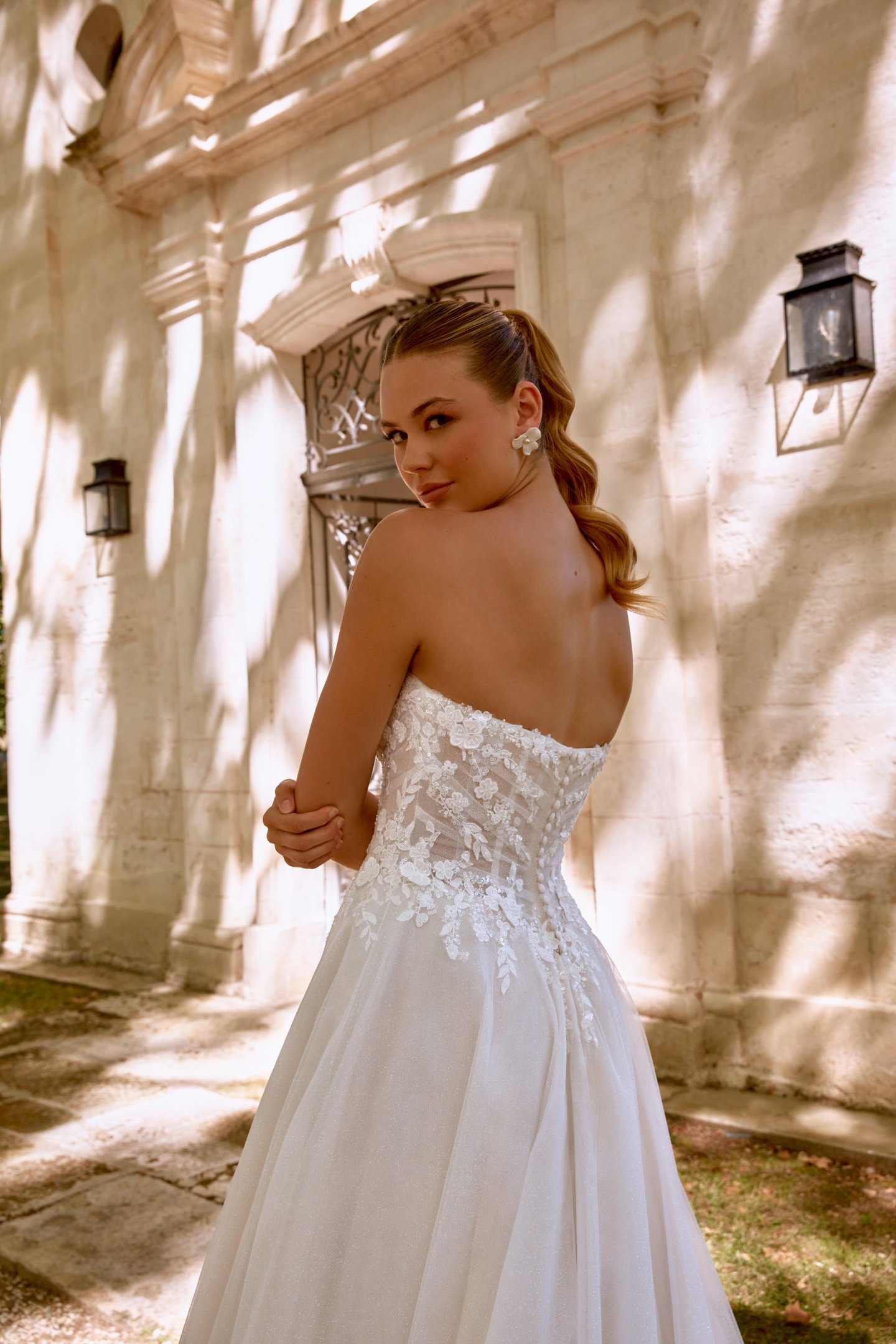 beaded lace and tulle ball gown wedding dress Beaded Lace Corset Wedding Dress with Glitter Euro Tulle Skirt