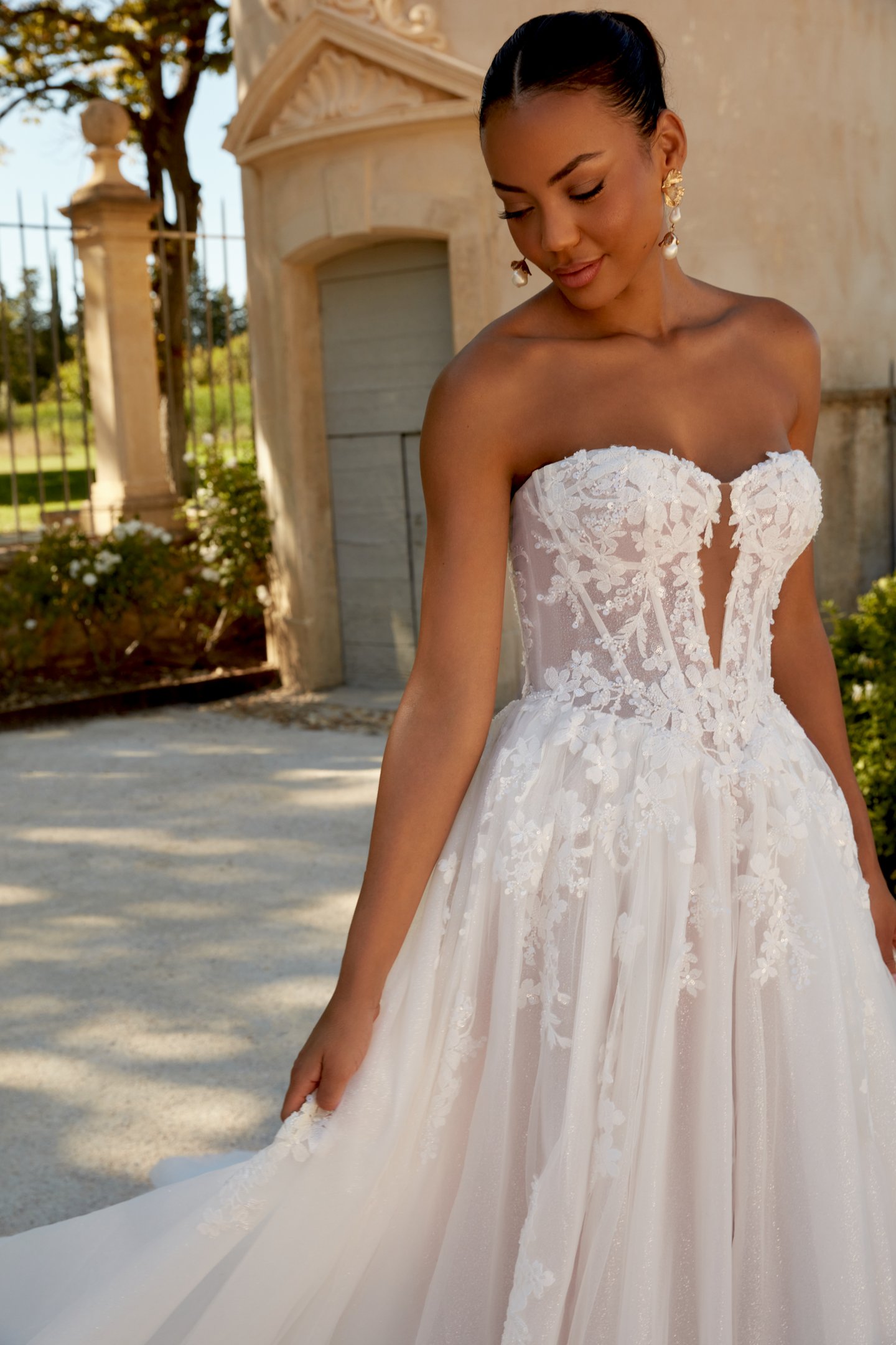 Sincerity Bridal Style 44593 Strapless Tulle Gown with Beaded Lace and Basque Waistline