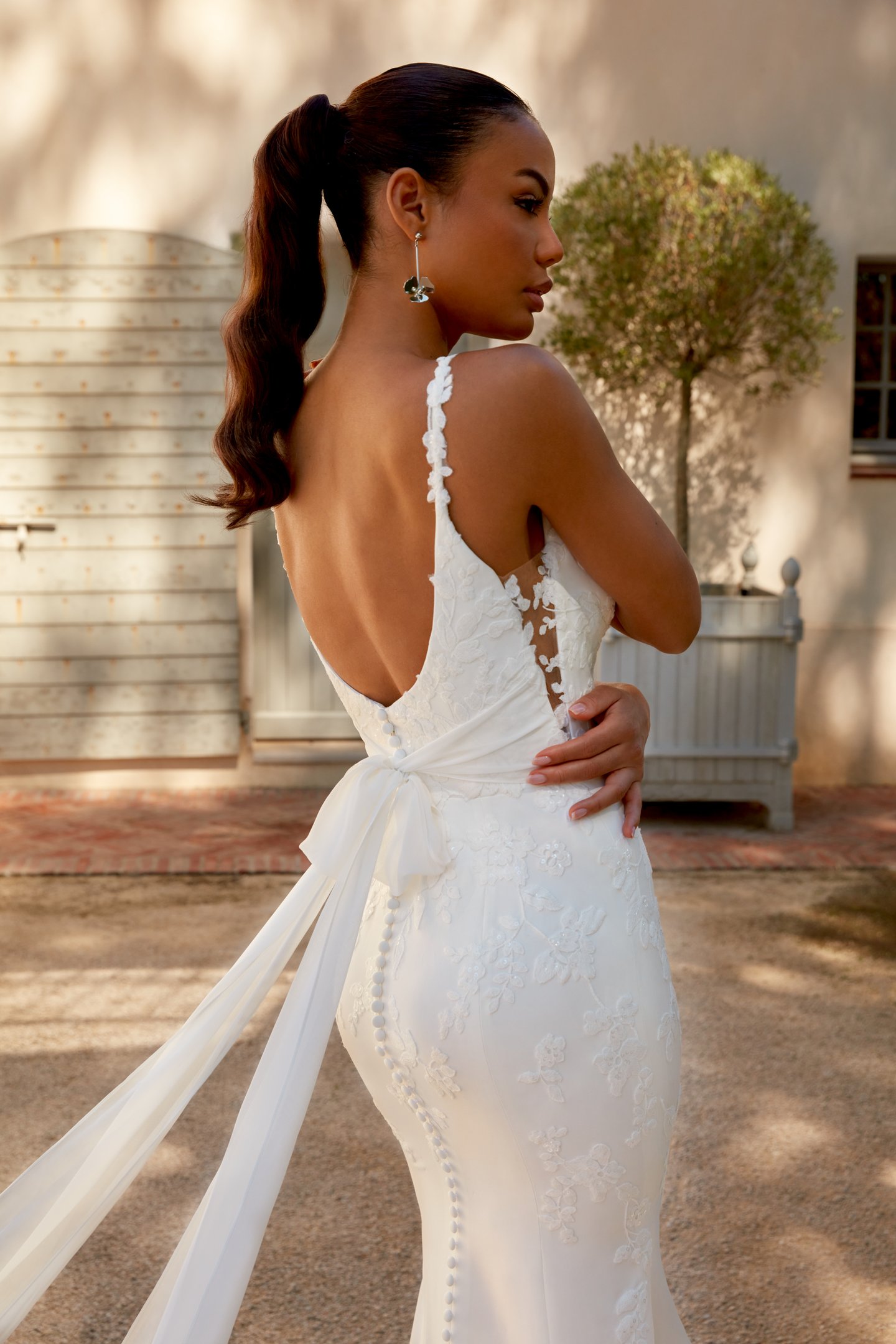 Sincerity Bridal Style 44594 Bikini Neckline Crepe Fit and Flare with Sequin Lace and Cutout Train
