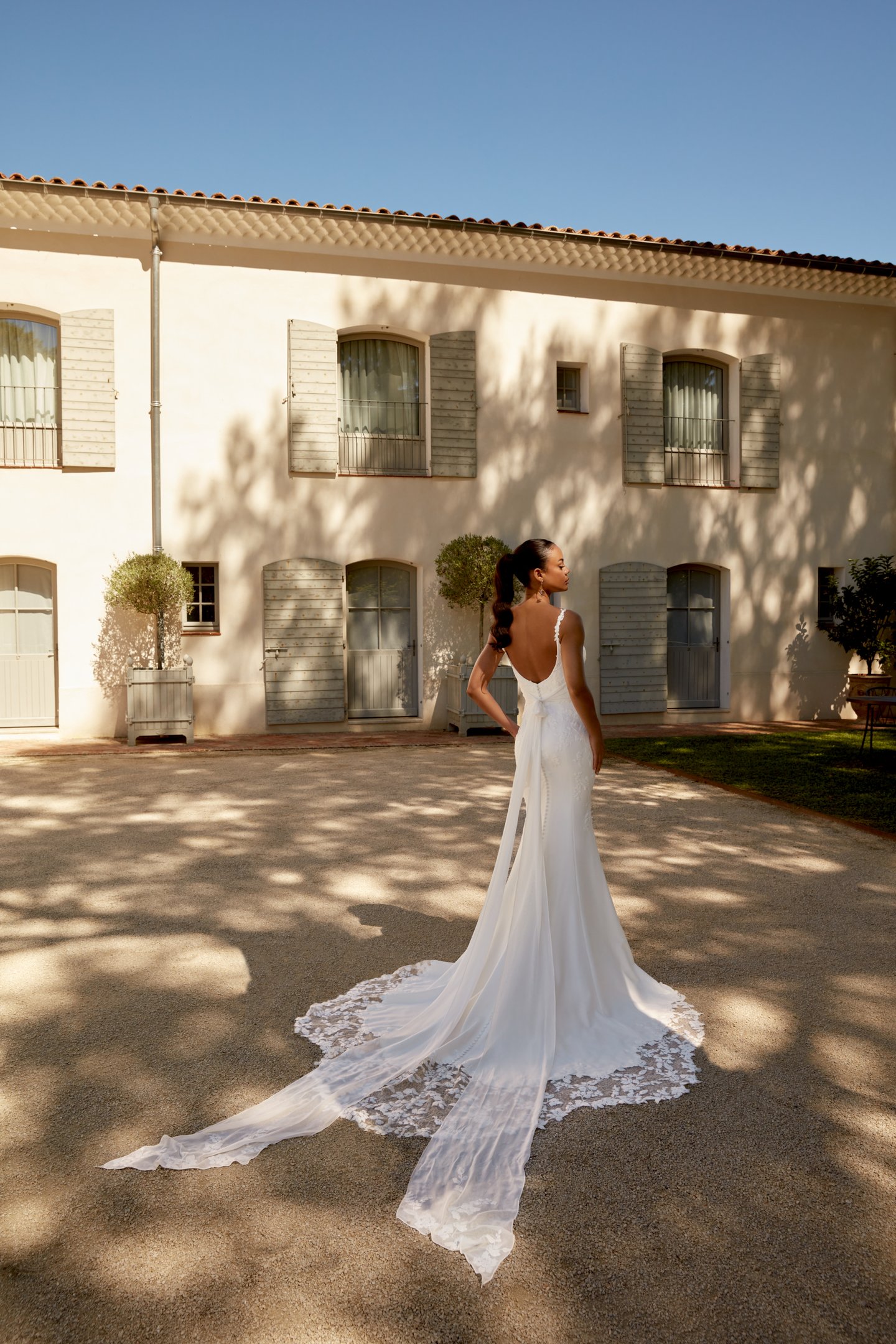 Sincerity Bridal Style 44594 Bikini Neckline Crepe Fit and Flare with Sequin Lace and Cutout Train