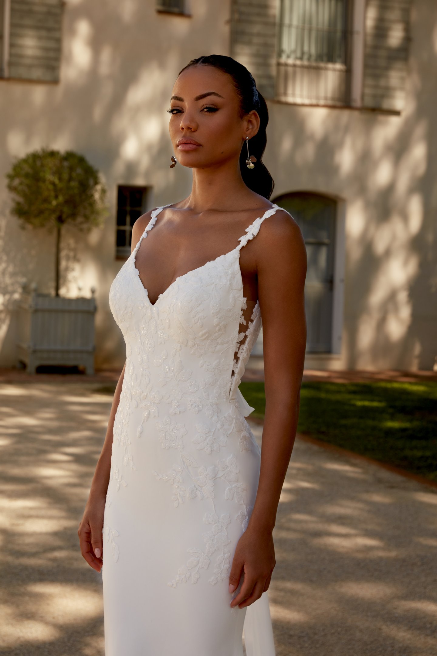 Sincerity Bridal Style 44594 Bikini Neckline Crepe Fit and Flare with Sequin Lace and Cutout Train