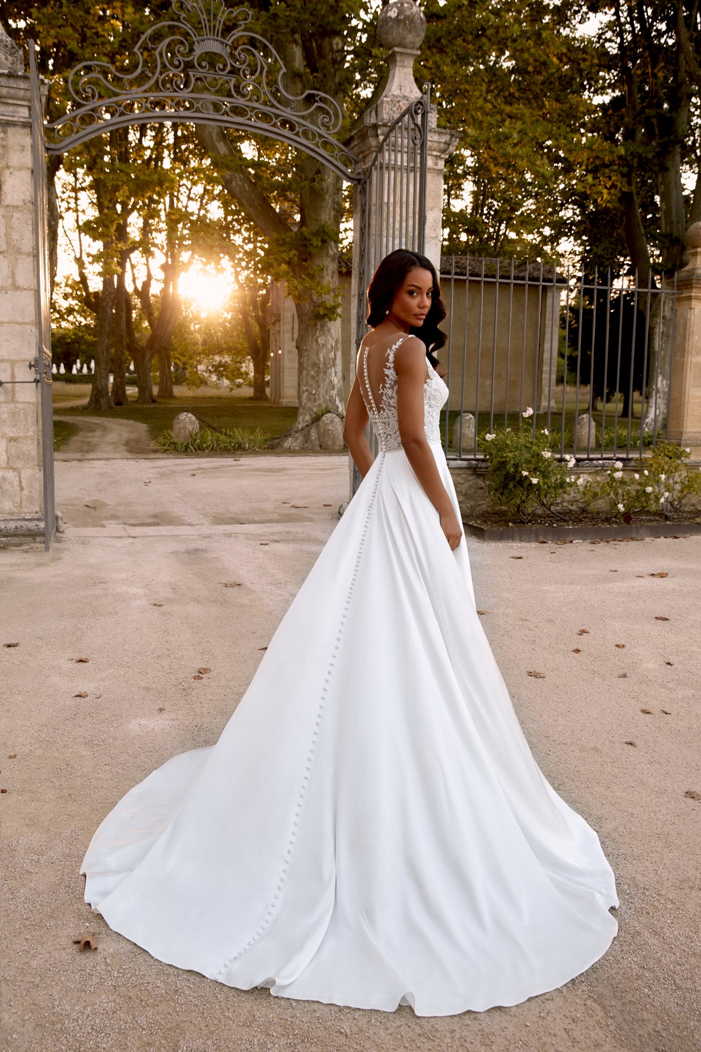beaded illusion neckline wedding dress Beaded Lace Illusion Neck Organza A-line Chic Wedding Gown