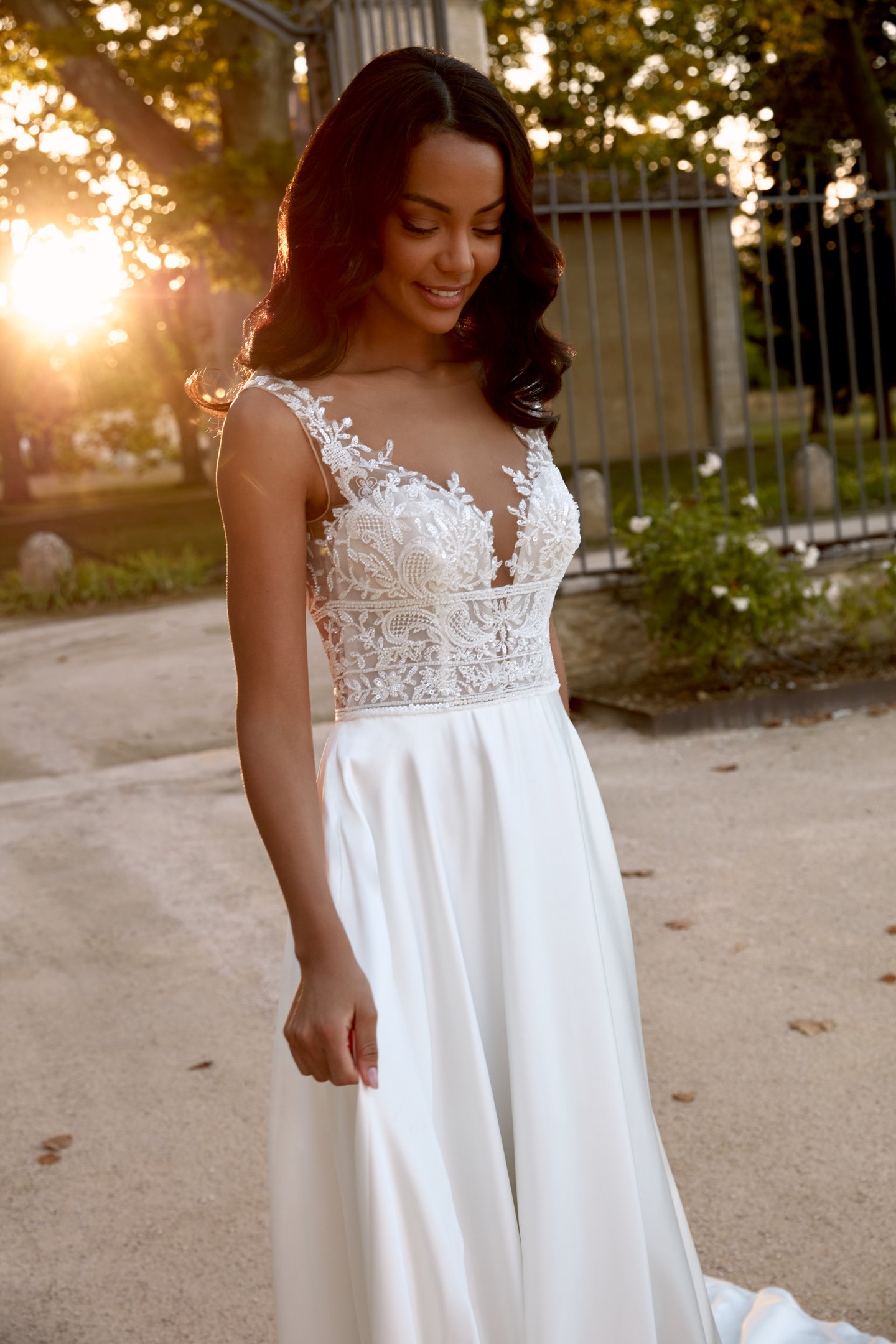 Sincerity Bridal Style 44595 Illusion Neckline Charmeuse A-Line Gown with Tonal Beaded Bodice