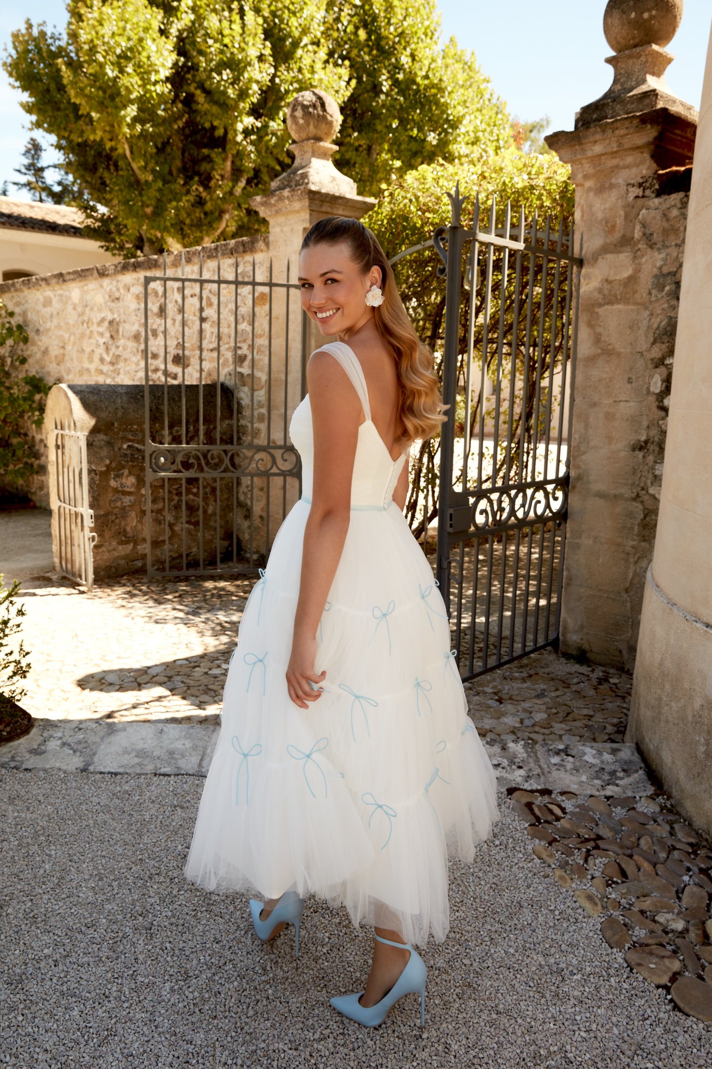 Sincerity Bridal Style 44597 Ruched Tulle Tea-Length Sweetheart Gown with Tiered Skirt and Bows