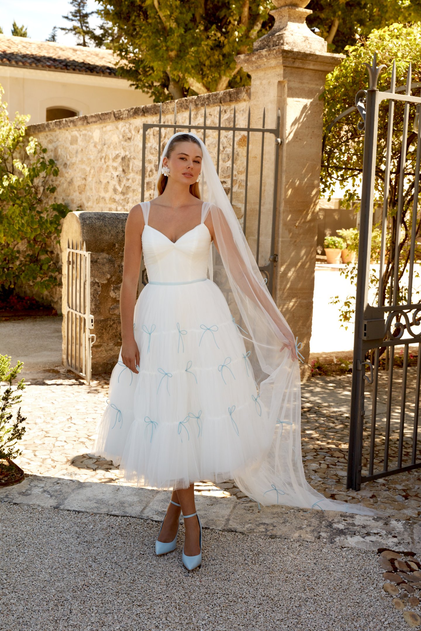 Sincerity Bridal Style 44597 Ruched Tulle Tea-Length Sweetheart Gown with Tiered Skirt and Bows