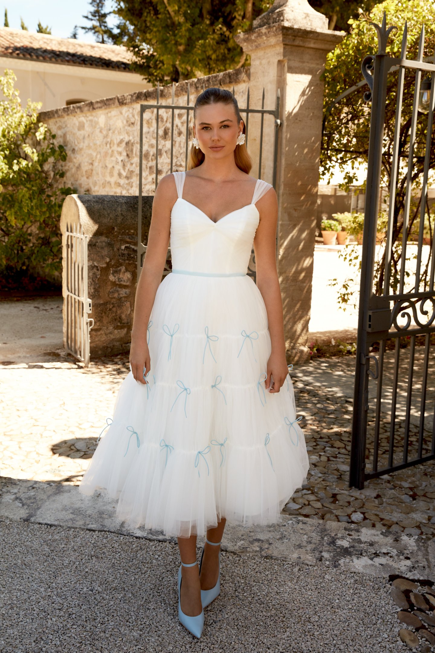Sincerity Bridal Style 44597 Ruched Tulle Tea-Length Sweetheart Gown with Tiered Skirt and Bows