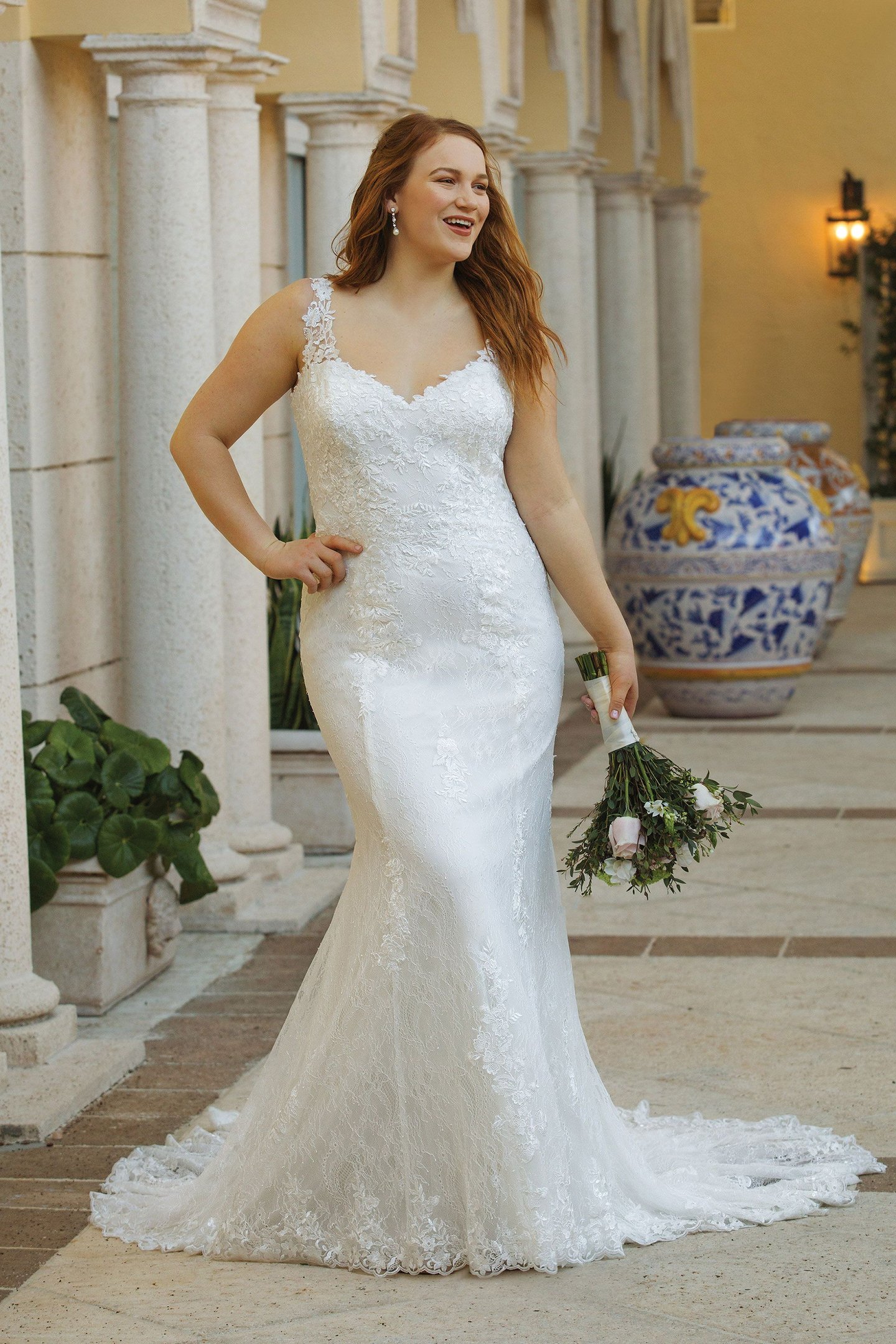Sincerity Bridal Style 44062PS Slim Allover Lace Plus Size Gown with Keyhole Back Detail