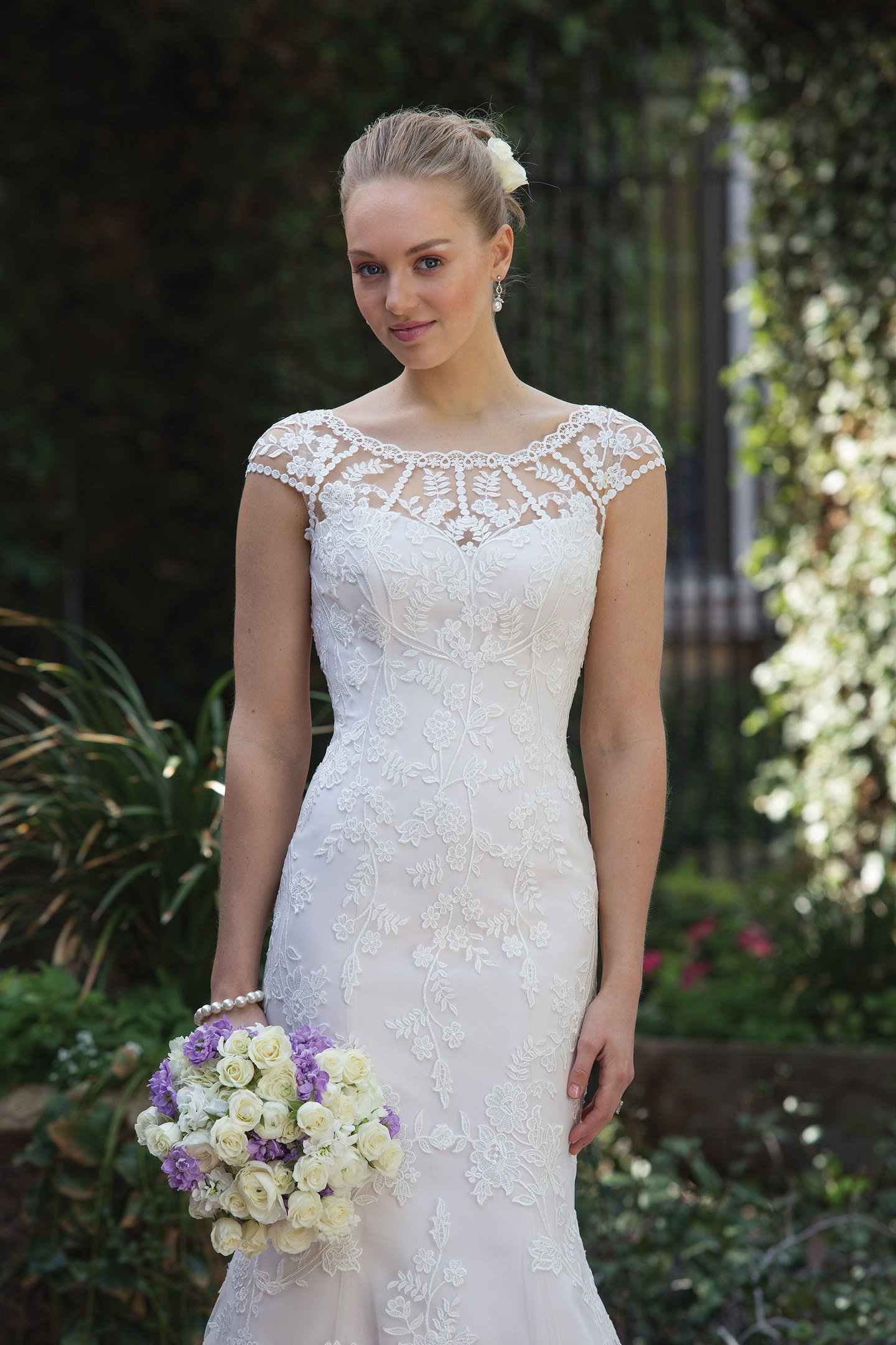 Sincerity Bridal Style 4018 Allover Lace Fit and Flare Dress with Sabrina Neckline
