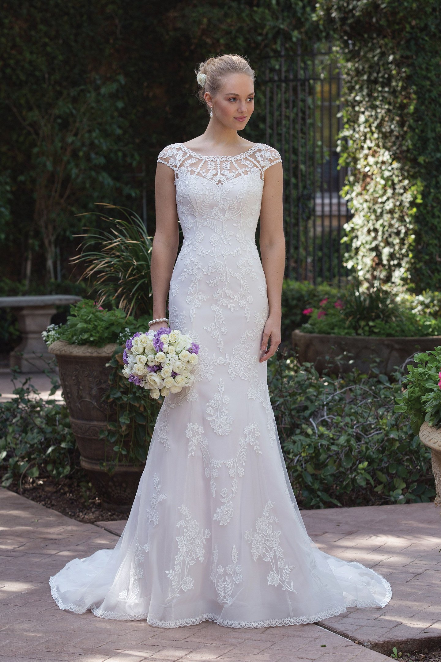 Sincerity Bridal Style 4018 Allover Lace Fit and Flare Dress with Sabrina Neckline